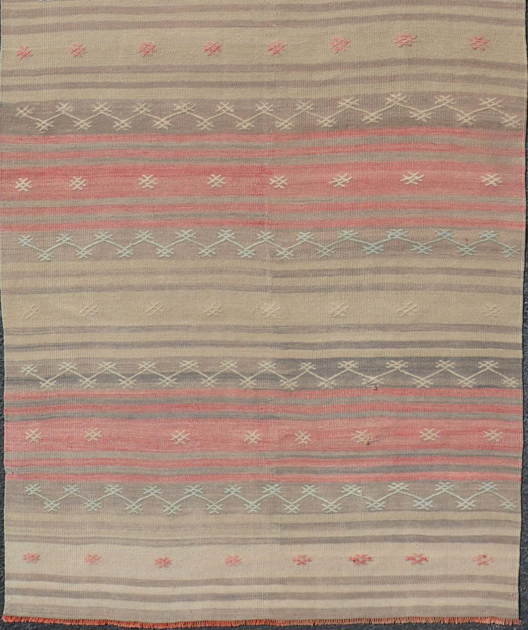 Hand-Woven Vintage Turkish Kilim with Stripes in Blue, Tan, Brown, Cream and Orange For Sale