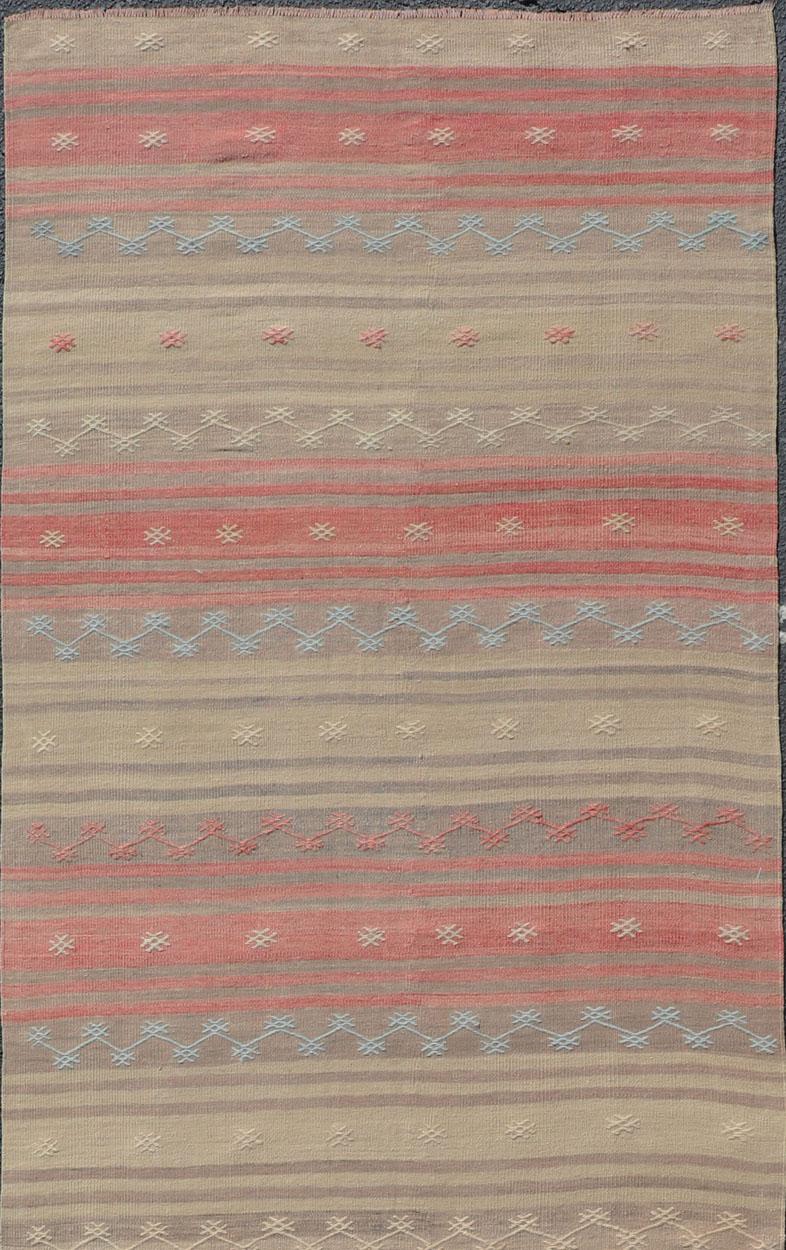 Vintage Turkish Kilim with Stripes in Blue, Tan, Brown, Cream and Orange In Good Condition For Sale In Atlanta, GA
