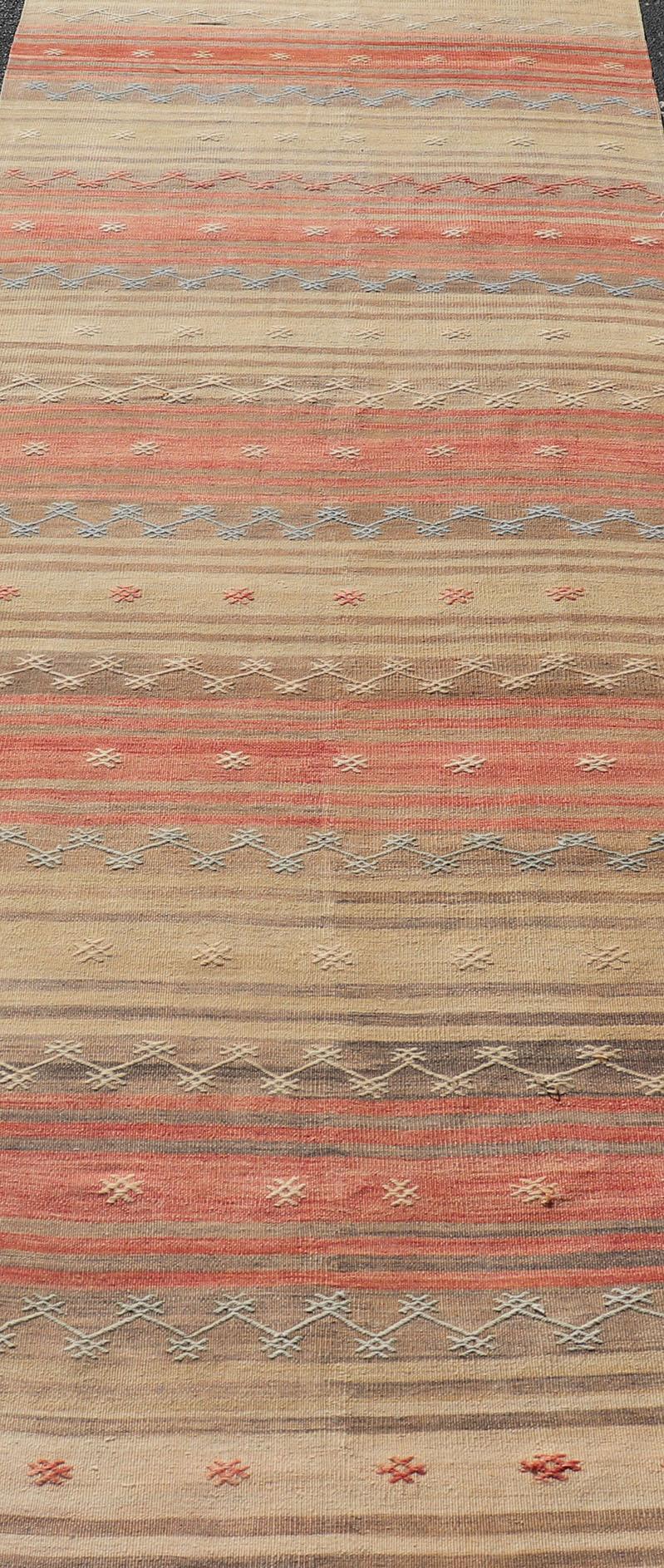 20th Century Vintage Turkish Kilim with Stripes in Blue, Tan, Brown, Cream and Orange For Sale