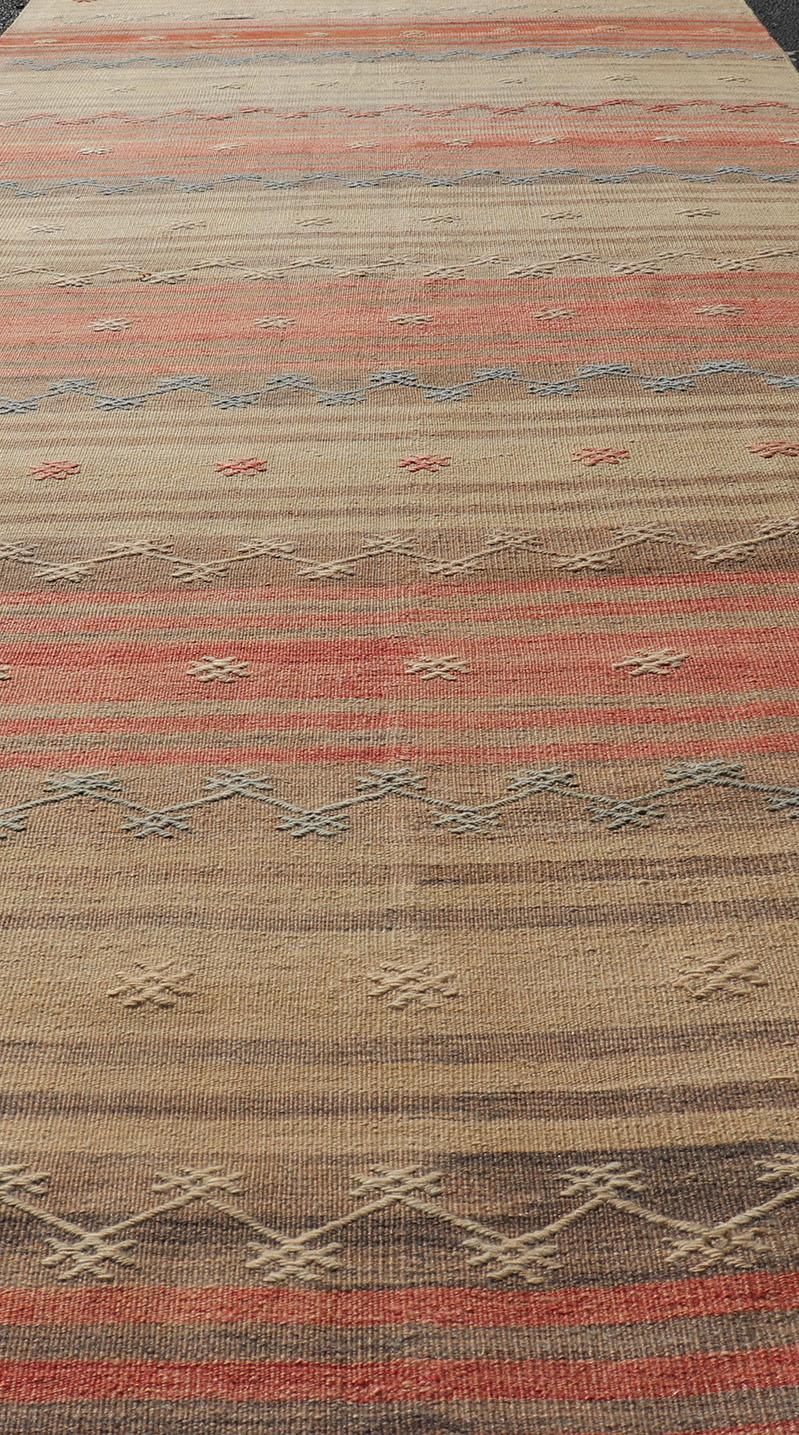 Wool Vintage Turkish Kilim with Stripes in Blue, Tan, Brown, Cream and Orange For Sale