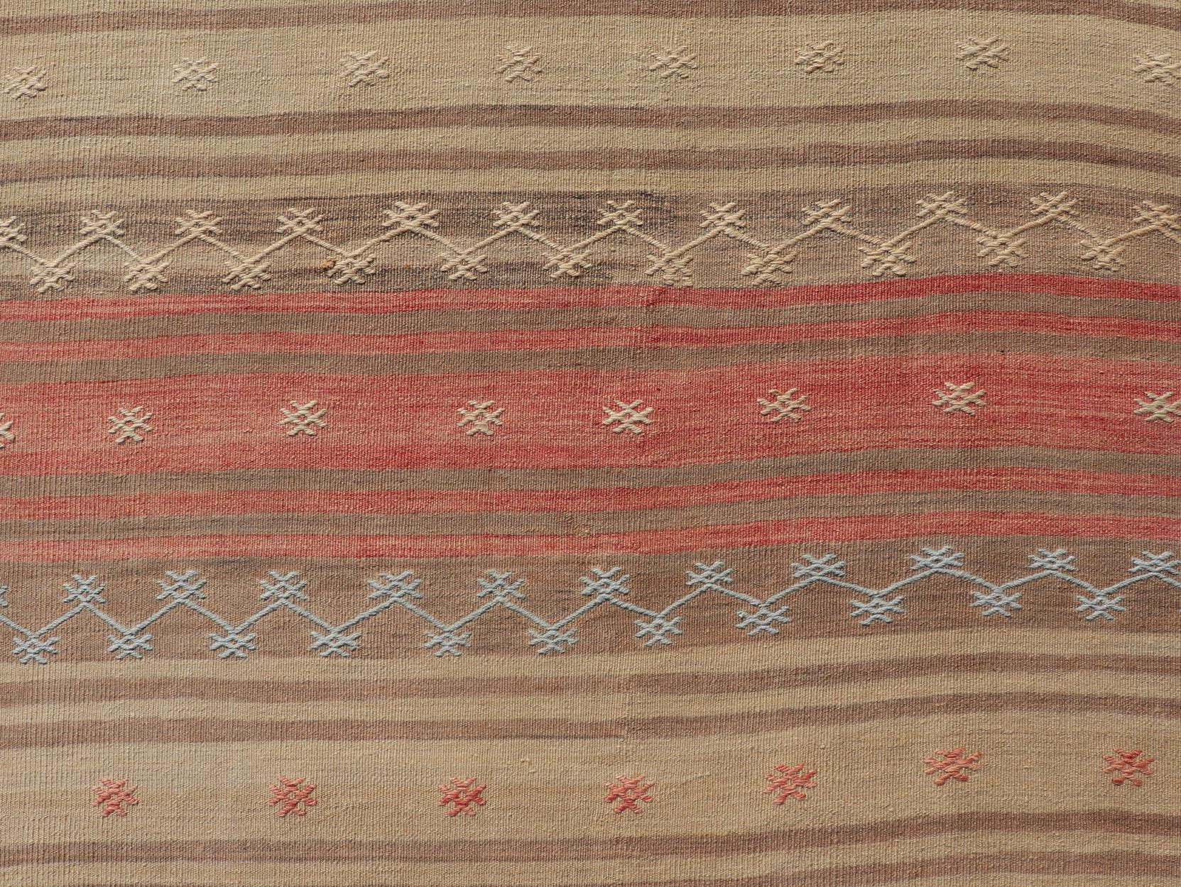 Vintage Turkish Kilim with Stripes in Blue, Tan, Brown, Cream and Orange For Sale 1