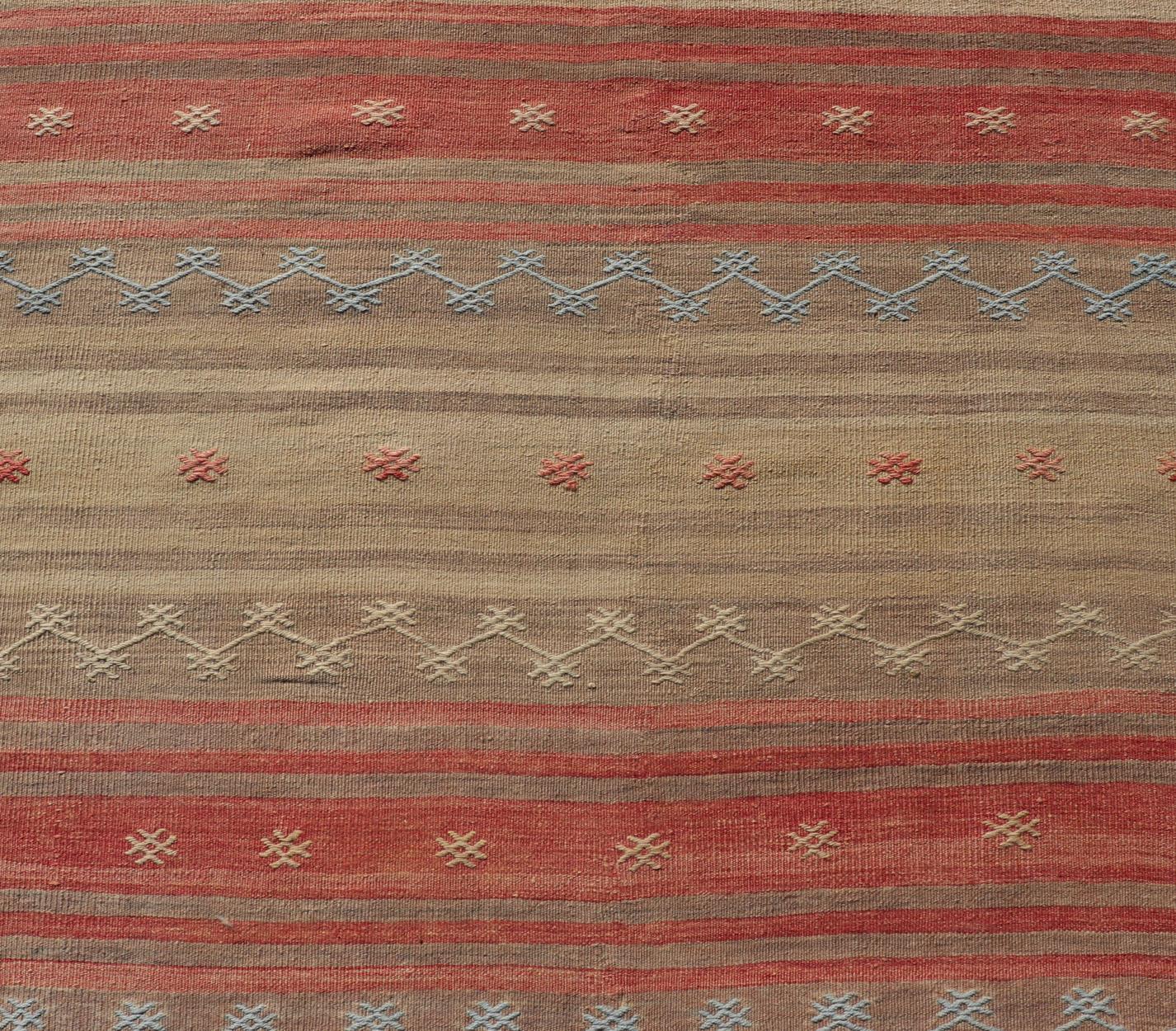 Vintage Turkish Kilim with Stripes in Blue, Tan, Brown, Cream and Orange For Sale 2