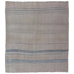 Vintage Turkish Kilim with Stripes in Cream, Off White, Brown and Light Blue