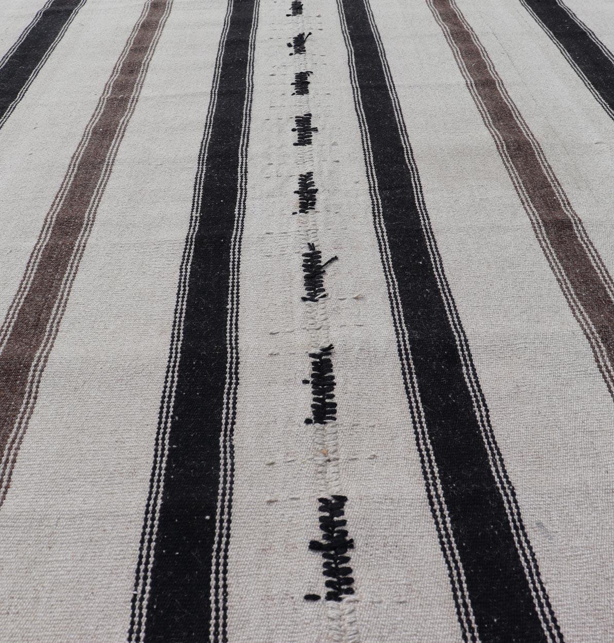 Hand-Woven Vintage Turkish Kilim with Stripes in Ivory and Shades of Brown For Sale