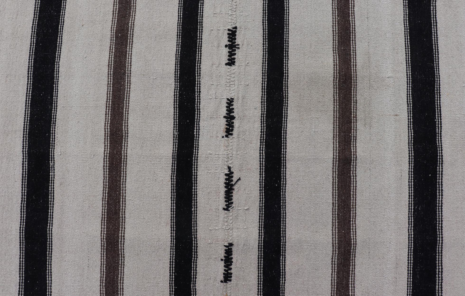 Vintage Turkish Kilim with Stripes in Ivory and Shades of Brown In Good Condition For Sale In Atlanta, GA
