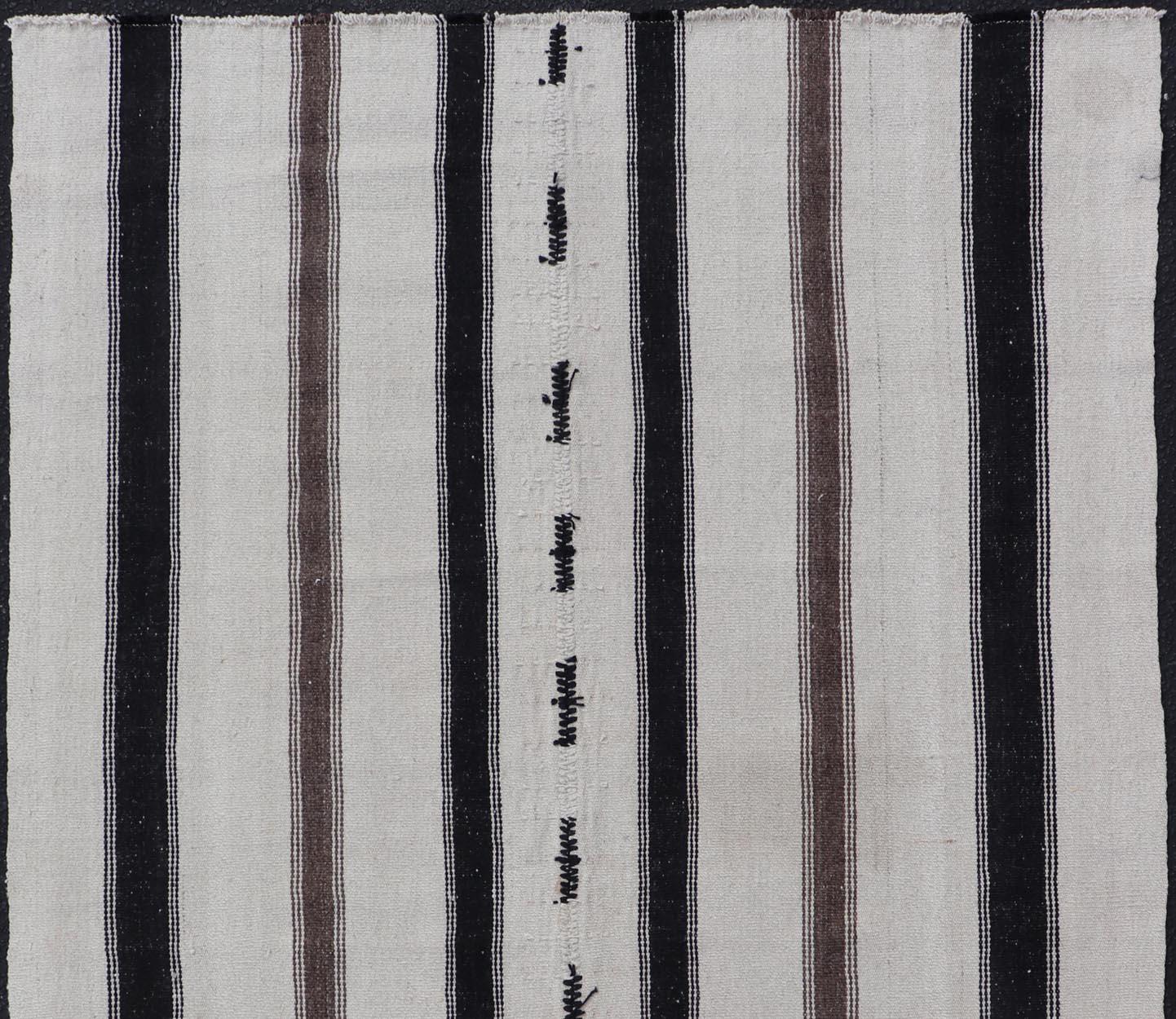 Wool Vintage Turkish Kilim with Stripes in Ivory and Shades of Brown For Sale