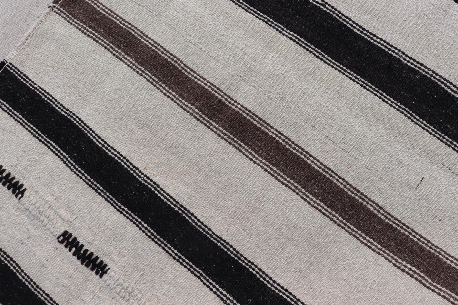 Vintage Turkish Kilim with Stripes in Ivory and Shades of Brown For Sale 3