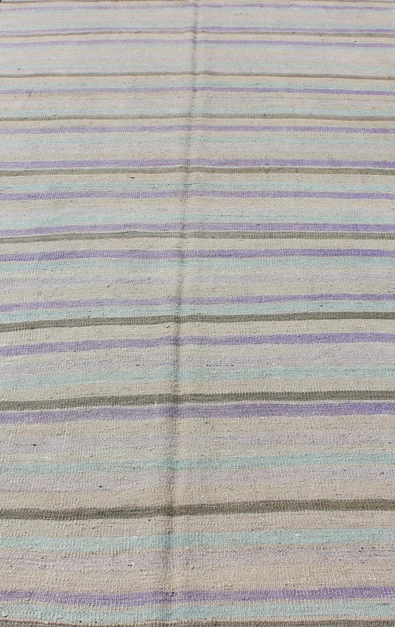 Hand-Woven Vintage Turkish Kilim with Stripes in Light Teal, Pastel Purple, Cream and Taupe For Sale