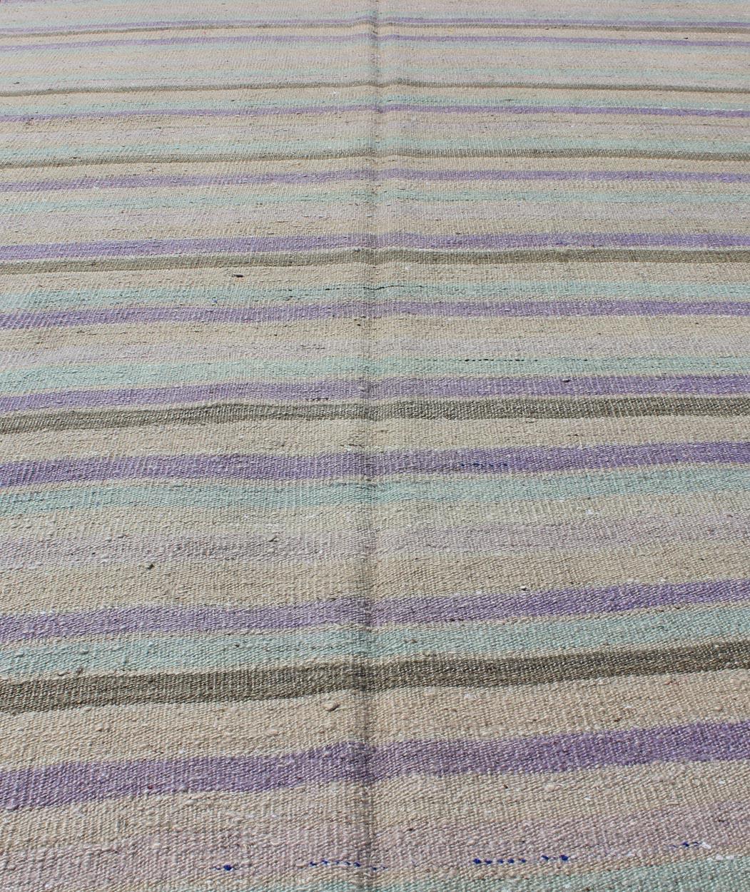 Vintage Turkish Kilim with Stripes in Light Teal, Pastel Purple, Cream and Taupe In Excellent Condition For Sale In Atlanta, GA