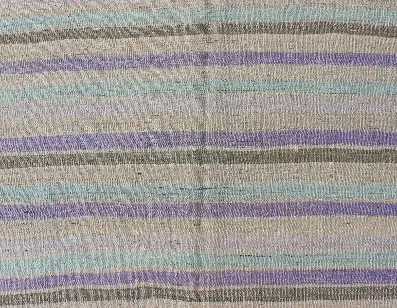 20th Century Vintage Turkish Kilim with Stripes in Light Teal, Pastel Purple, Cream and Taupe For Sale