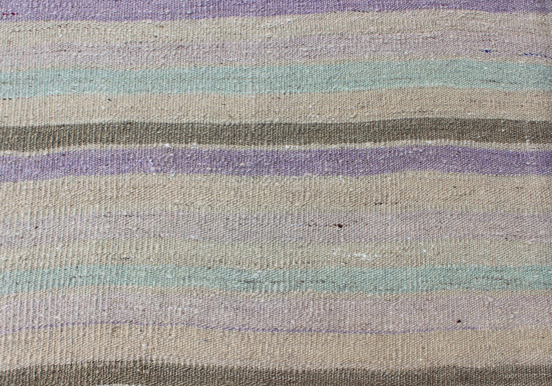 Wool Vintage Turkish Kilim with Stripes in Light Teal, Pastel Purple, Cream and Taupe For Sale