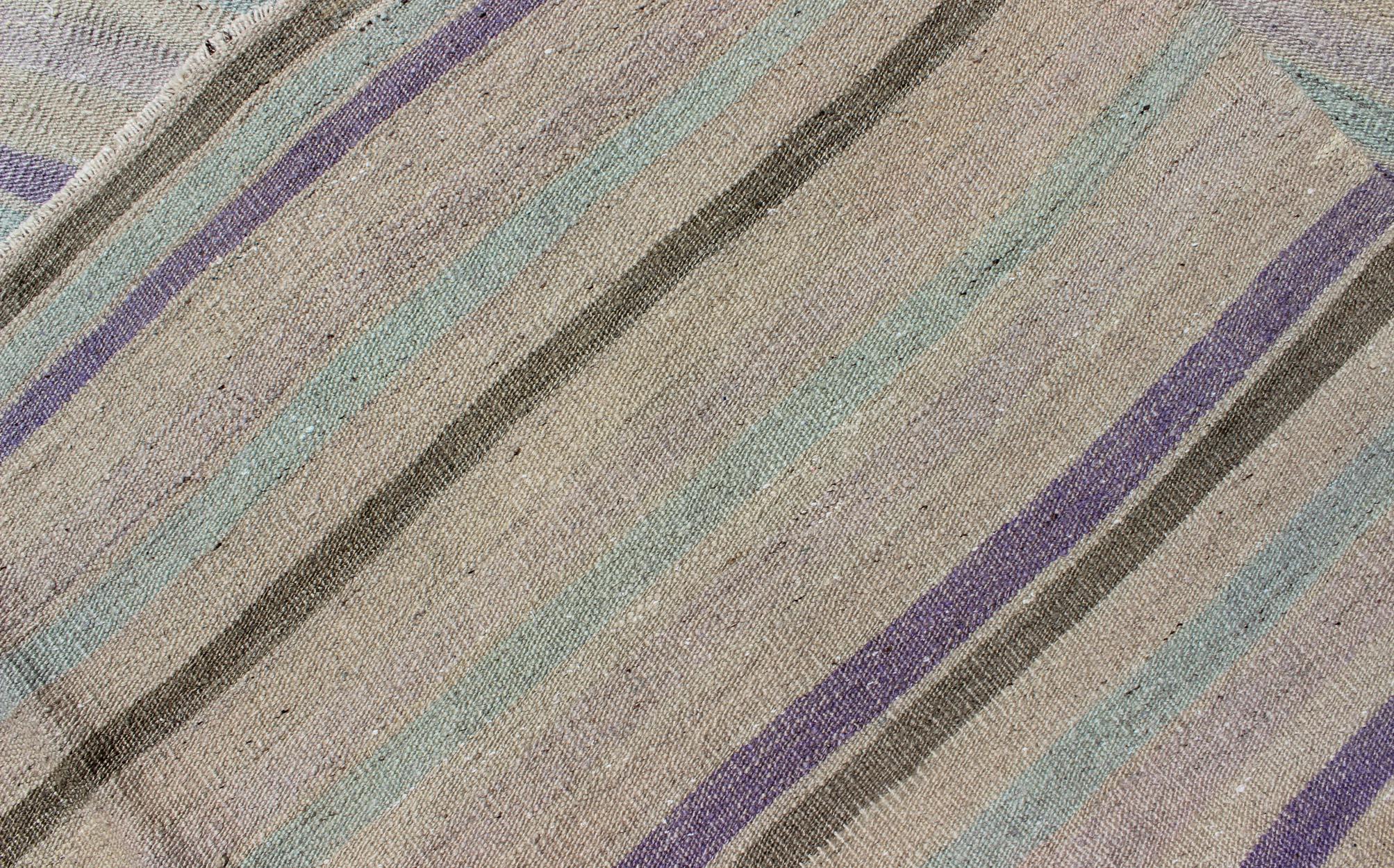 Vintage Turkish Kilim with Stripes in Light Teal, Pastel Purple, Cream and Taupe For Sale 1