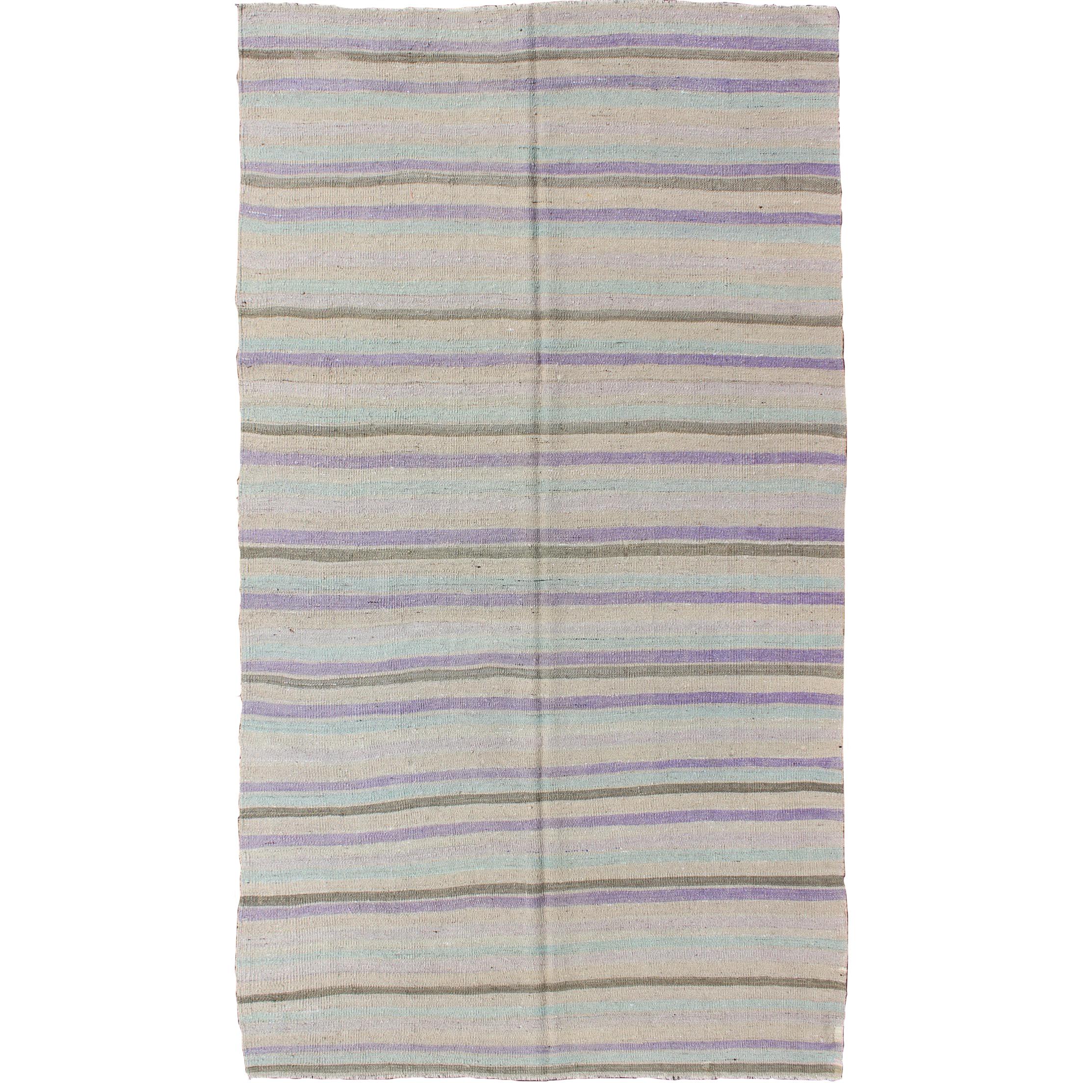 Vintage Turkish Kilim with Stripes in Light Teal, Pastel Purple, Cream and Taupe For Sale