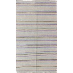 Retro Turkish Kilim with Stripes in Light Teal, Pastel Purple, Cream and Taupe