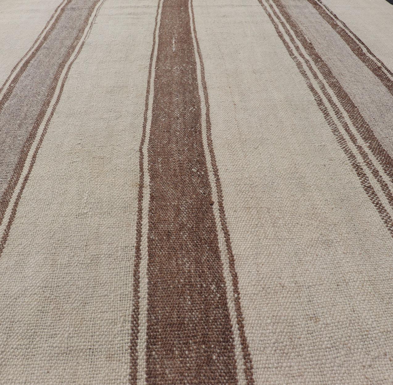 Wool Vintage Turkish Kilim with Stripes in Tan, Gray, Taupe, Cream & Brown For Sale