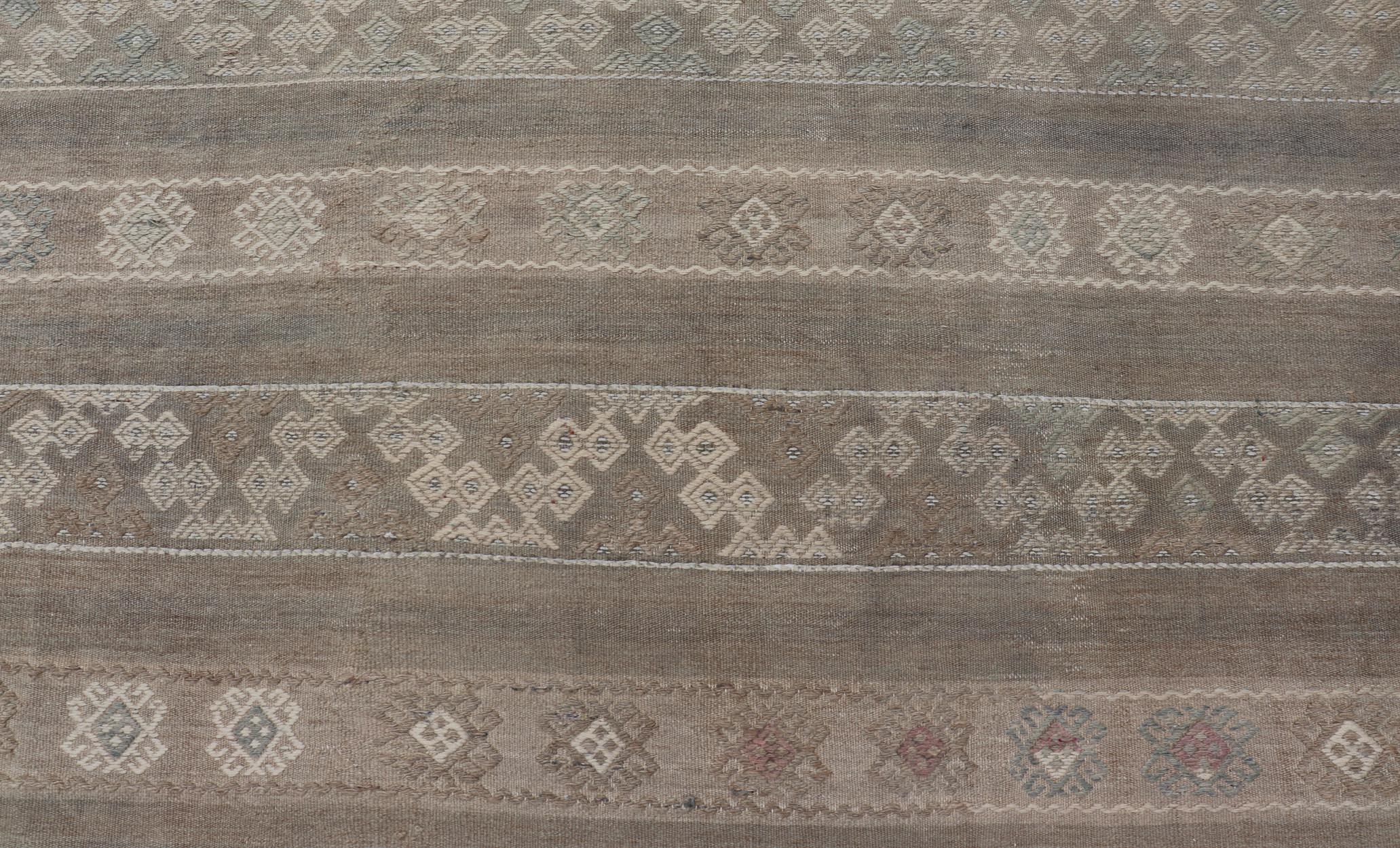 Vintage Turkish Kilim with Stripes in Taupe, Green, Tan, Cream and Brown For Sale 4