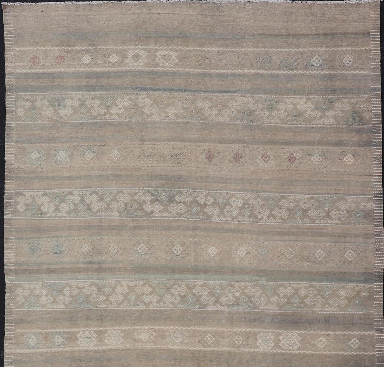 Hand-Woven Vintage Turkish Kilim with Stripes in Taupe, Green, Tan, Cream and Brown For Sale