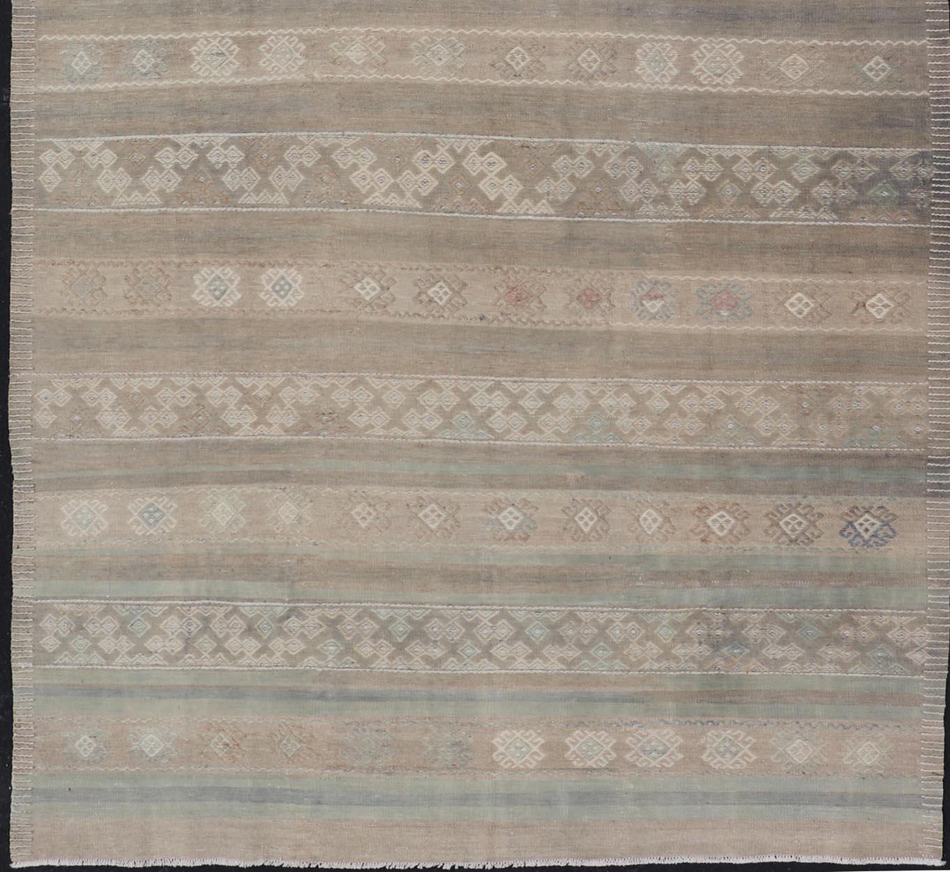 20th Century Vintage Turkish Kilim with Stripes in Taupe, Green, Tan, Cream and Brown For Sale