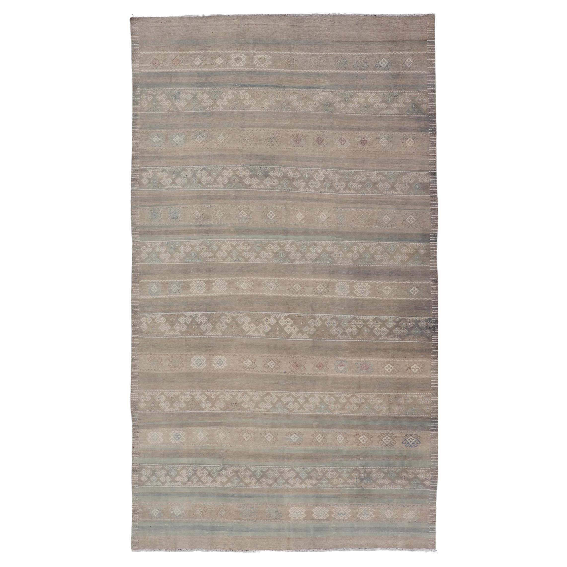 Vintage Turkish Kilim with Stripes in Taupe, Green, Tan, Cream and Brown