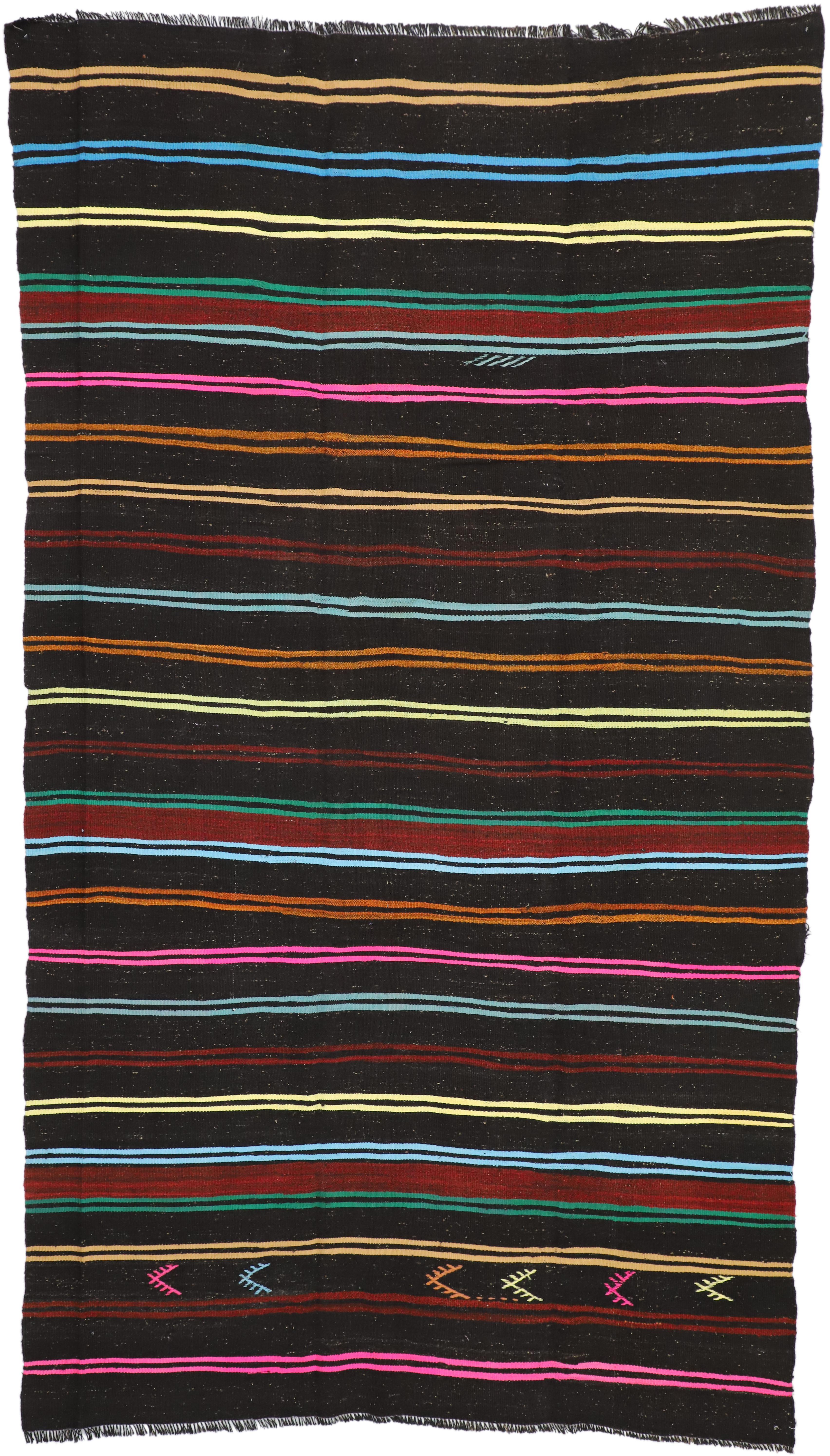 51322 Vintage Turkish Kilim with Tribal Style, Flat-weave Striped Kilim Area Rug 07'02 x 12'05. Highlighting the finest trends in design, this Boho Chic vintage Turkish Kilim with stripes and Modern Tribal style features a series of bands in vibrant