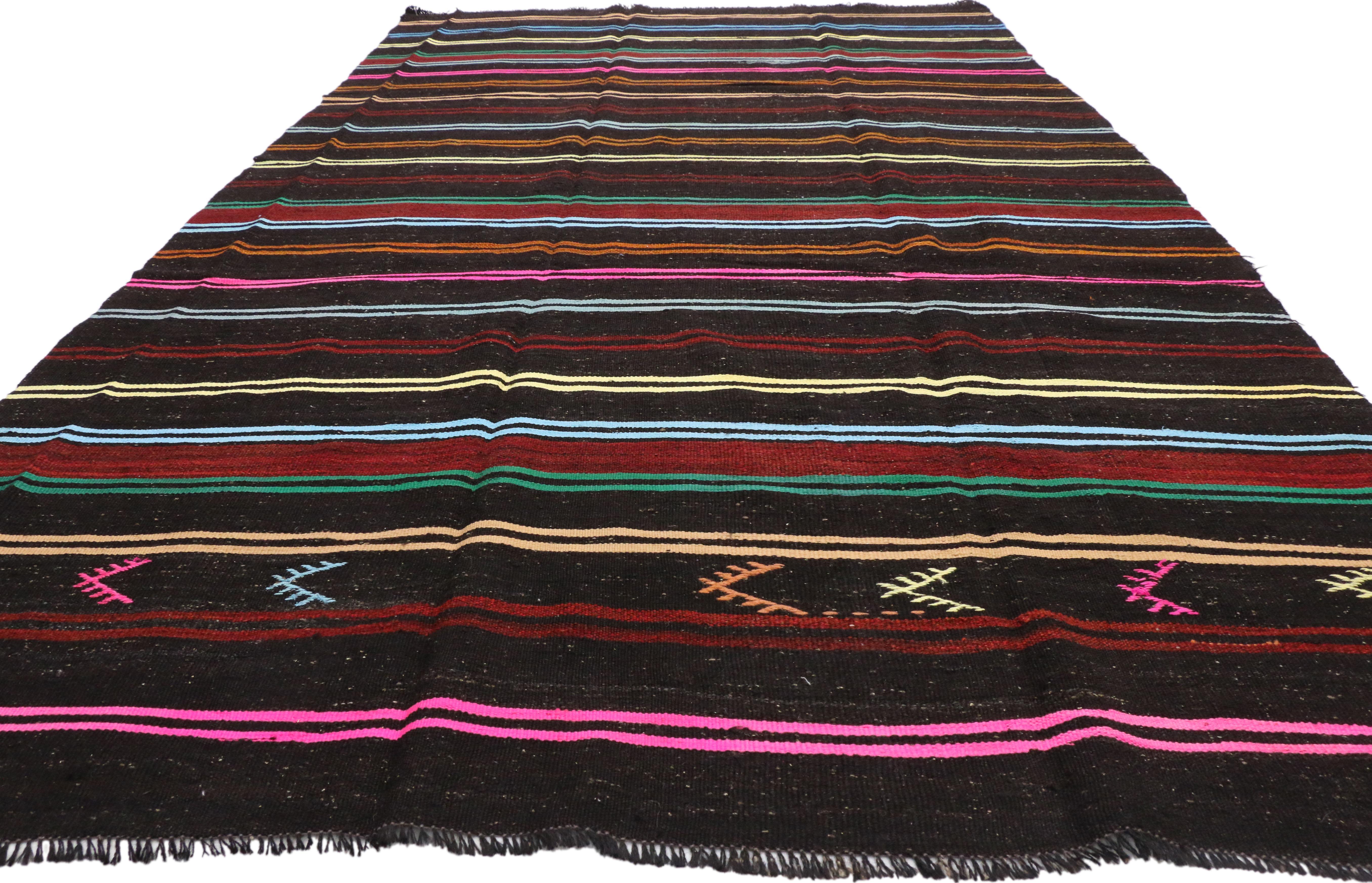 Hand-Woven Vintage Turkish Kilim with Tribal Style, Flat-weave Striped Kilim Area Rug For Sale