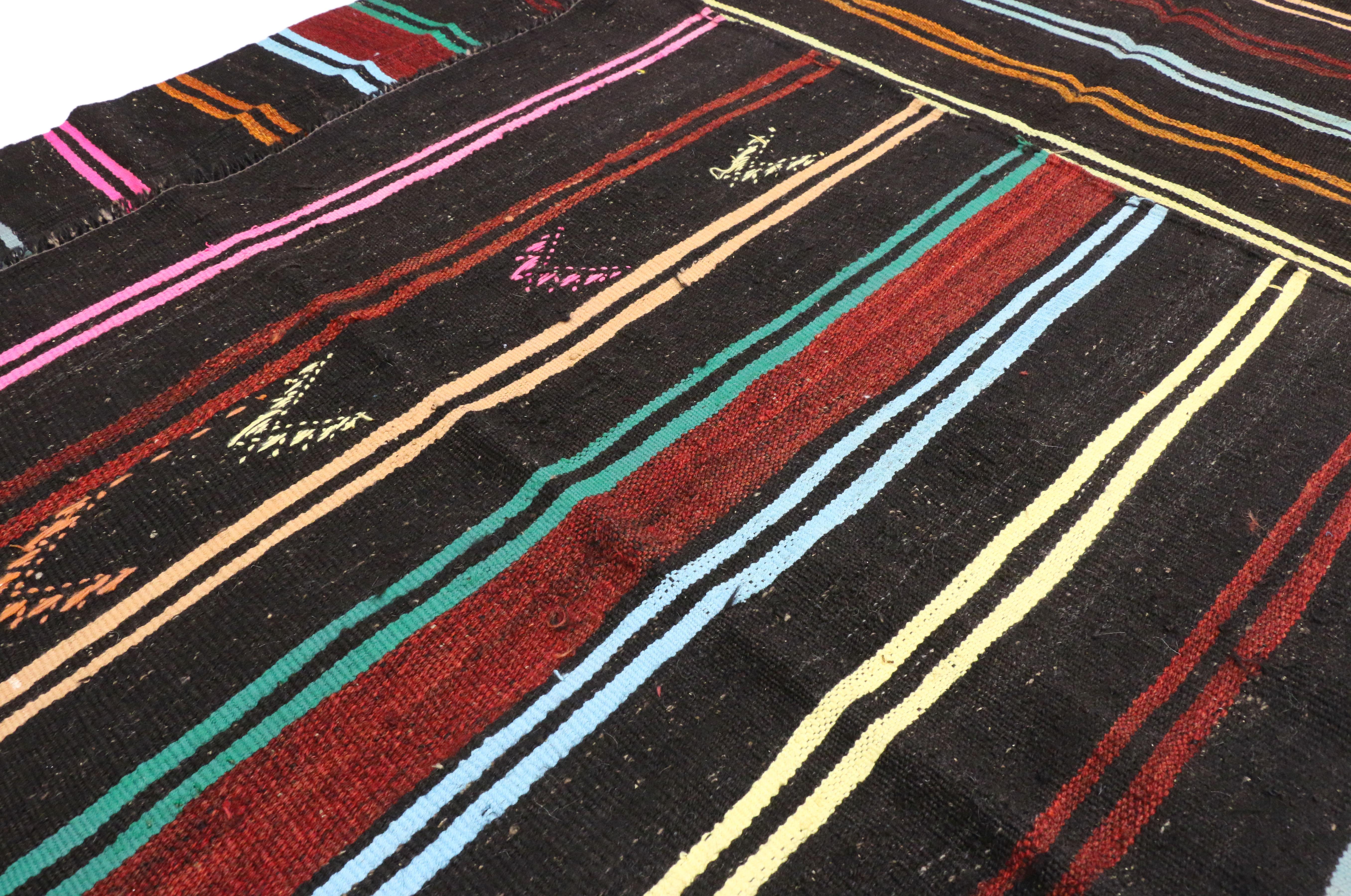 20th Century Vintage Turkish Kilim with Tribal Style, Flat-weave Striped Kilim Area Rug For Sale