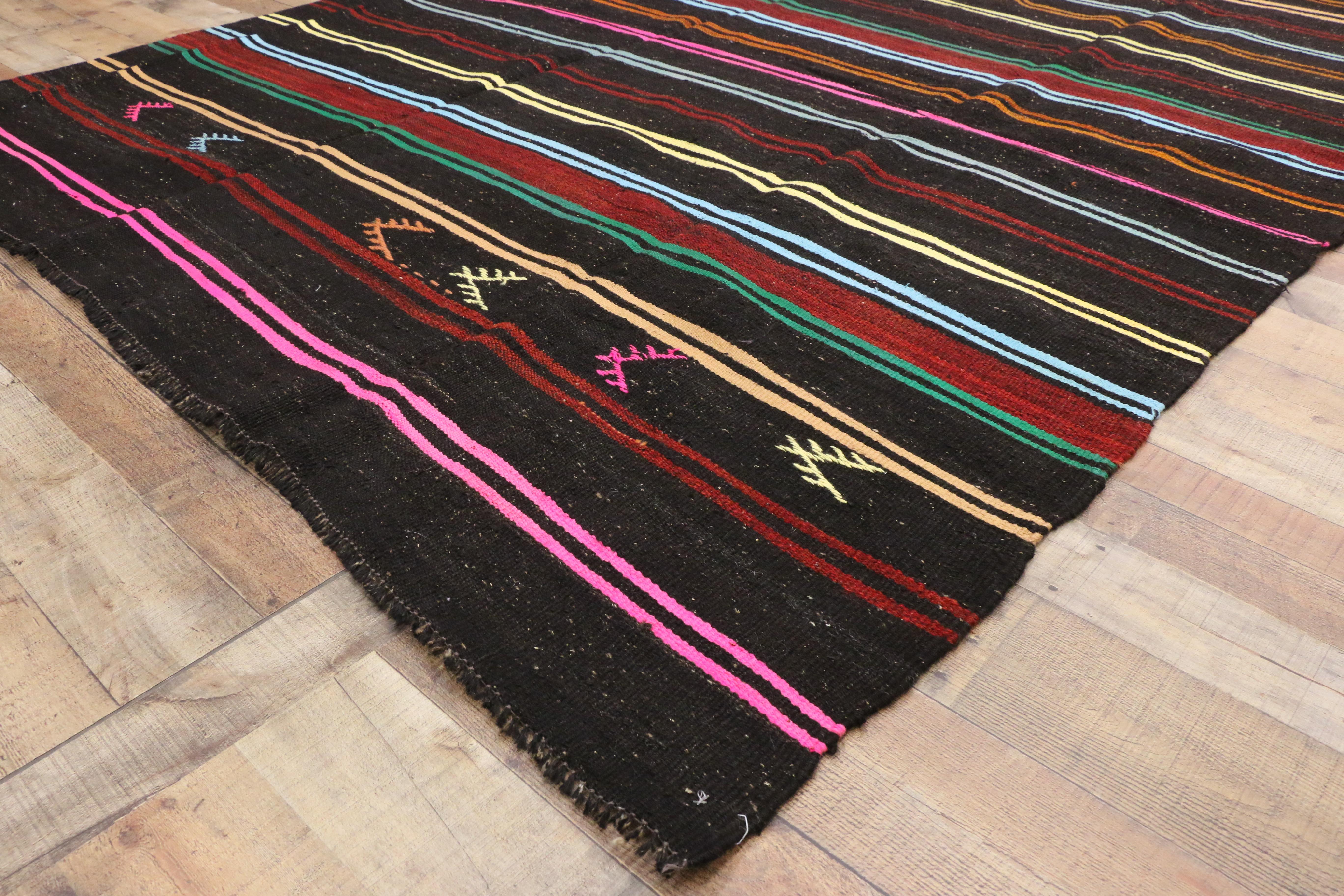 Wool Vintage Turkish Kilim with Tribal Style, Flat-weave Striped Kilim Area Rug For Sale