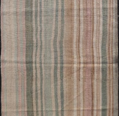 Vintage Turkish Kilim with Vertical Stripes in Sage Green, Sand, and Faded Rose