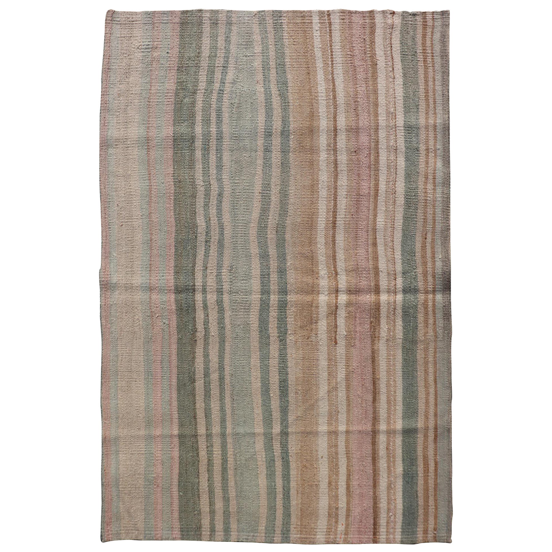 Vintage Turkish Kilim with Vertical Stripes in Sage Green, Sand, and Faded Rose