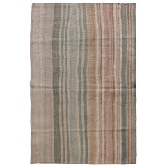Vintage Turkish Kilim with Vertical Stripes in Sage Green, Sand, and Faded Rose