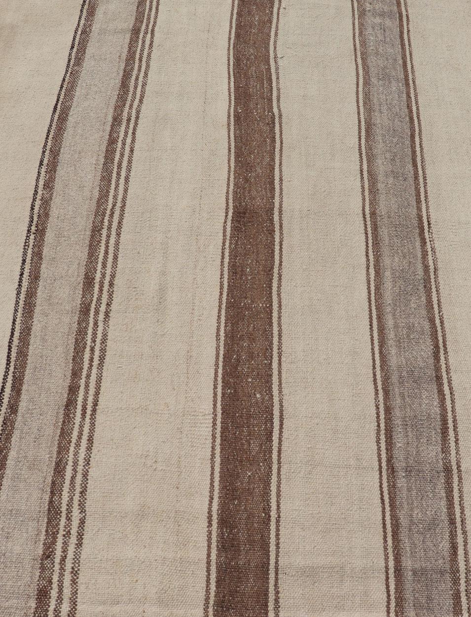 Hand-Woven Vintage Turkish Kilim with Vertical Stripes in Tan, Taupe, Grey, Cream and Brown For Sale