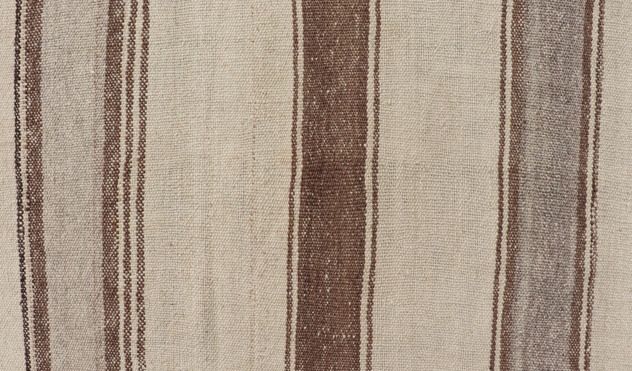 20th Century Vintage Turkish Kilim with Vertical Stripes in Tan, Taupe, Grey, Cream and Brown For Sale