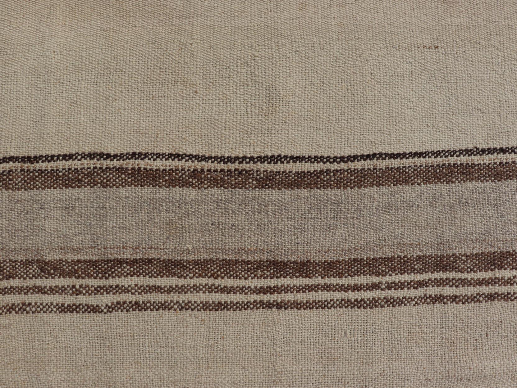 Wool Vintage Turkish Kilim with Vertical Stripes in Tan, Taupe, Grey, Cream and Brown For Sale