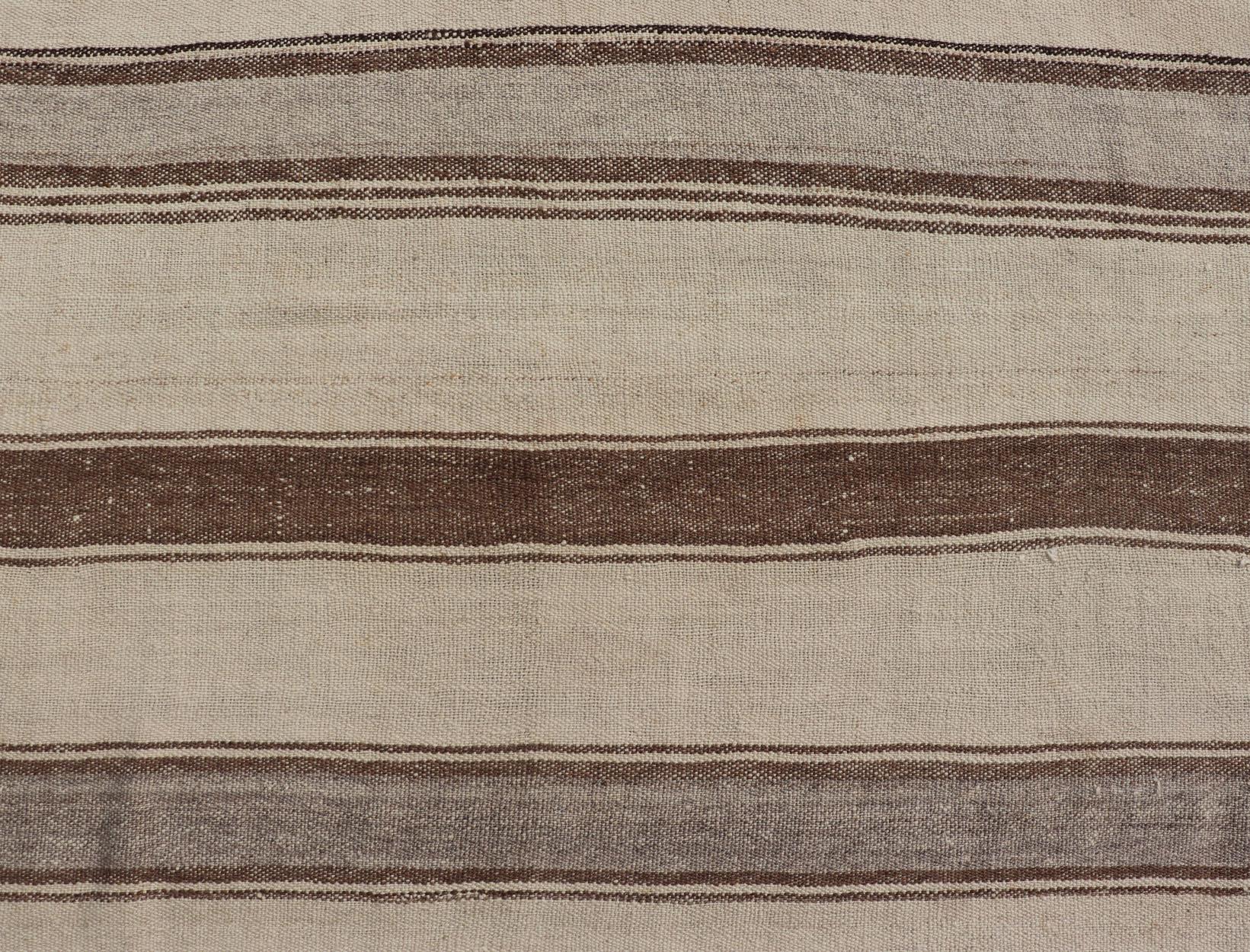 Vintage Turkish Kilim with Vertical Stripes in Tan, Taupe, Grey, Cream and Brown For Sale 1