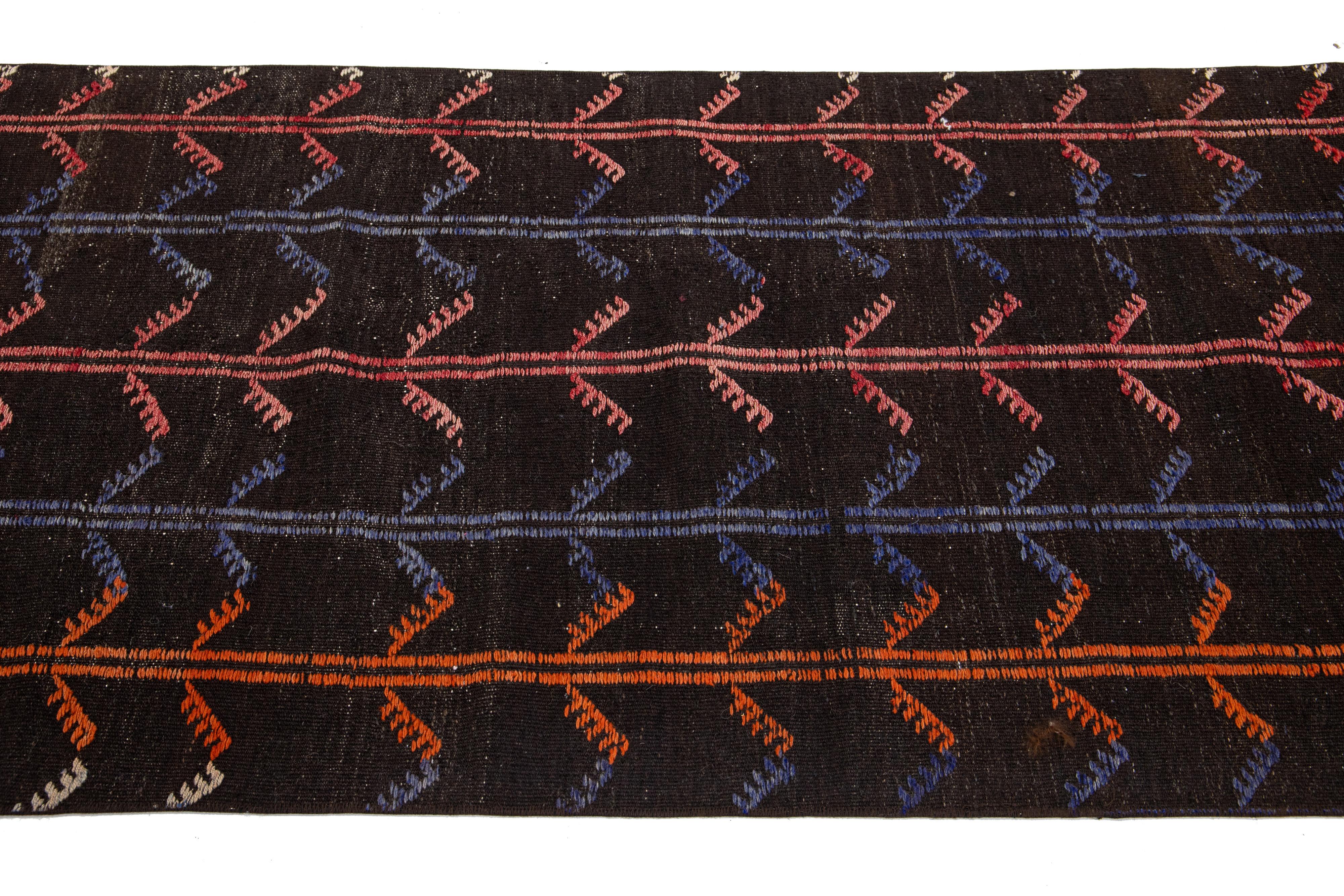 Vintage Turkish Kilim Wool Rug In Dark Brown With Allover Design For Sale 5