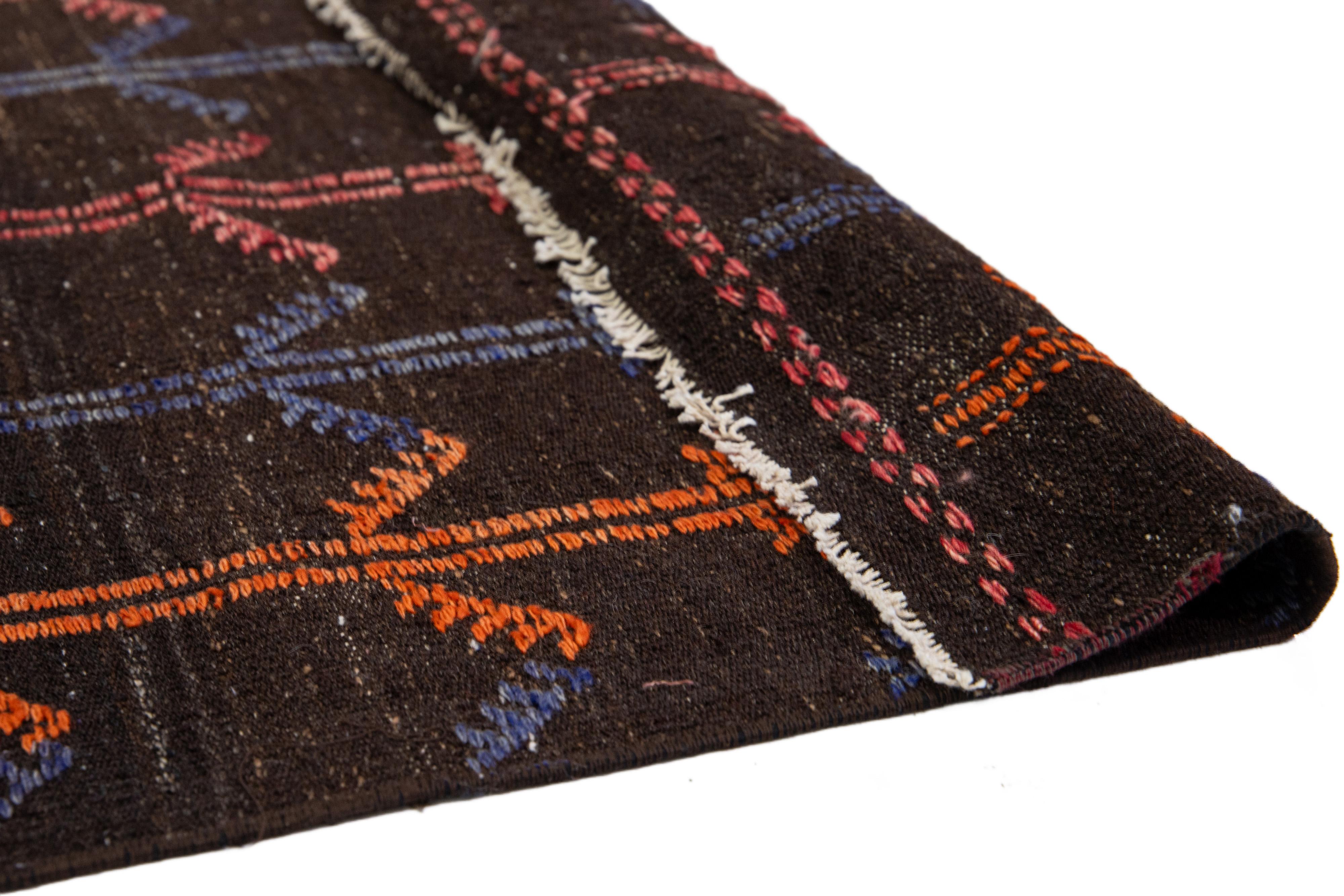 Hand-Knotted Vintage Turkish Kilim Wool Rug In Dark Brown With Allover Design For Sale
