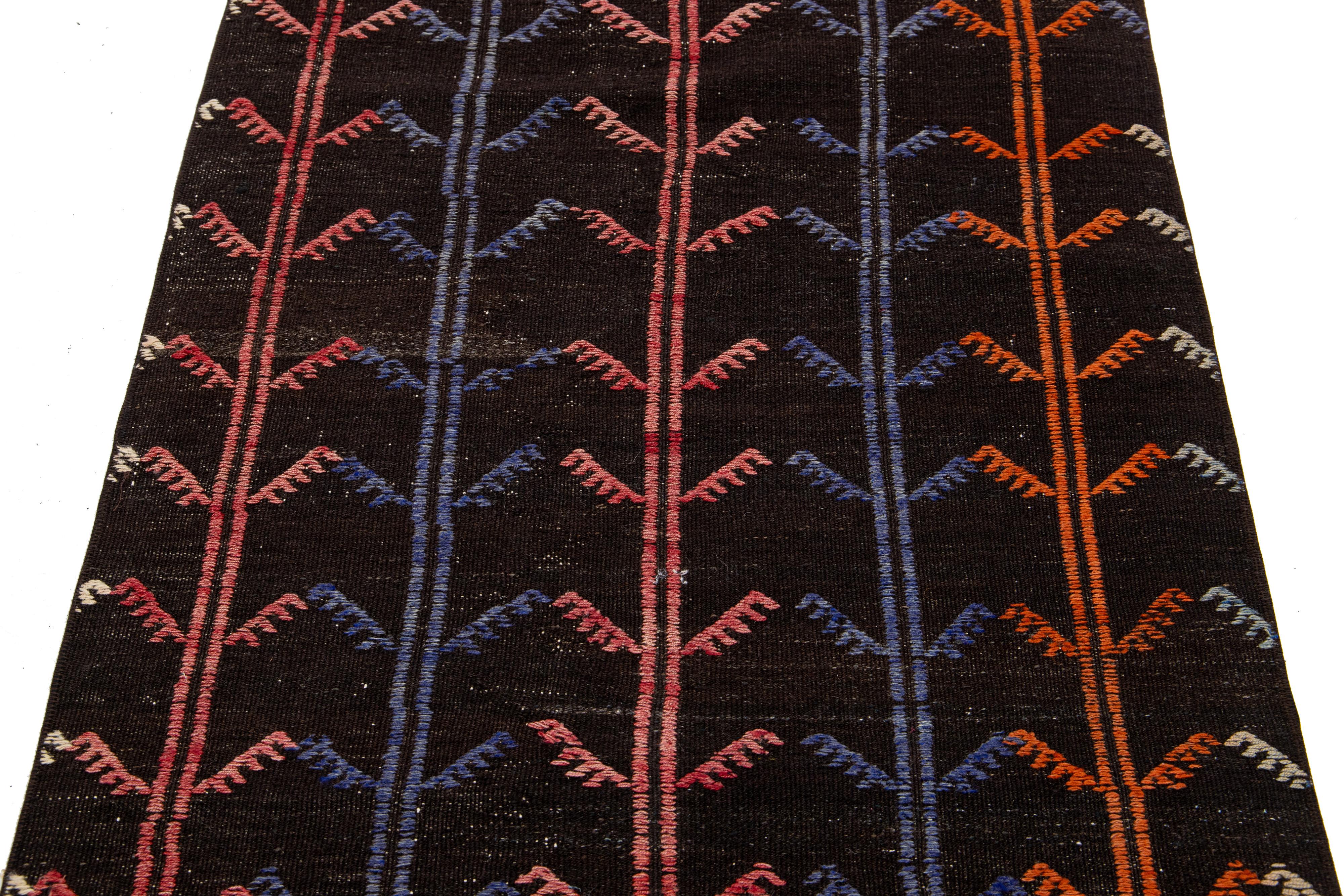 Vintage Turkish Kilim Wool Rug In Dark Brown With Allover Design For Sale 3