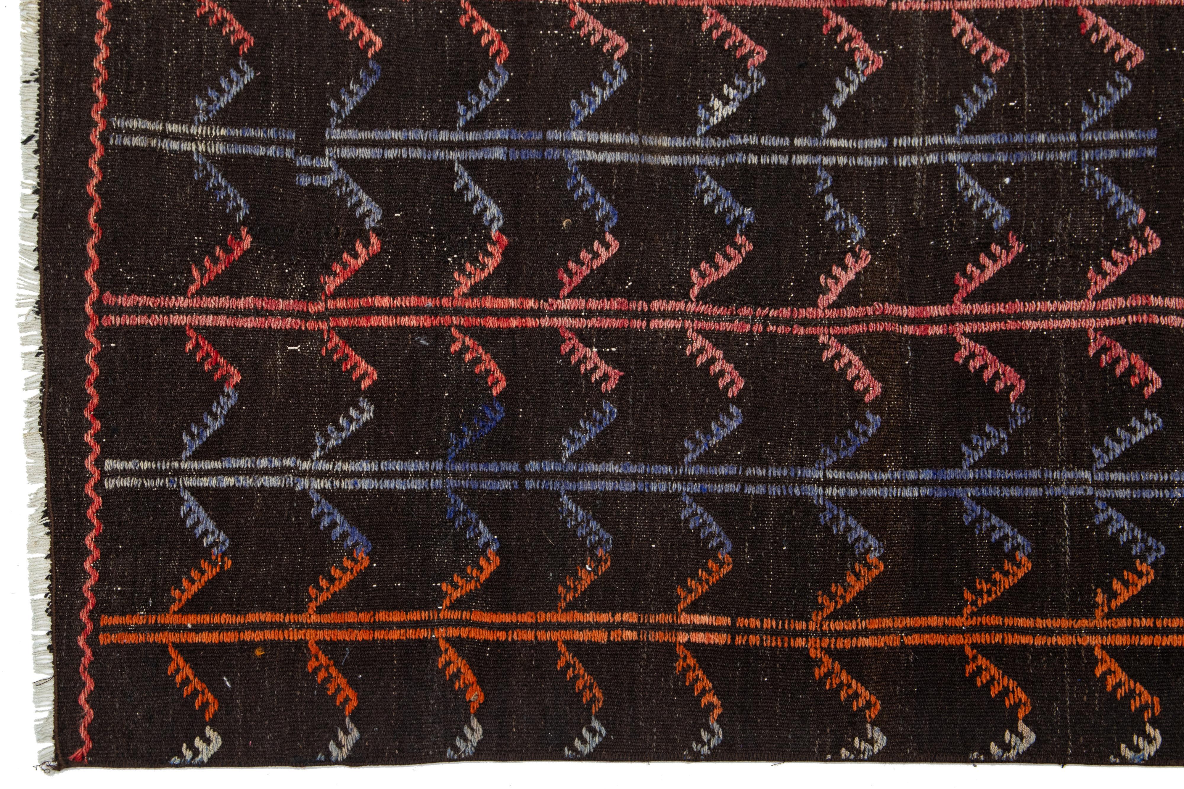 Vintage Turkish Kilim Wool Rug In Dark Brown With Allover Design For Sale 4