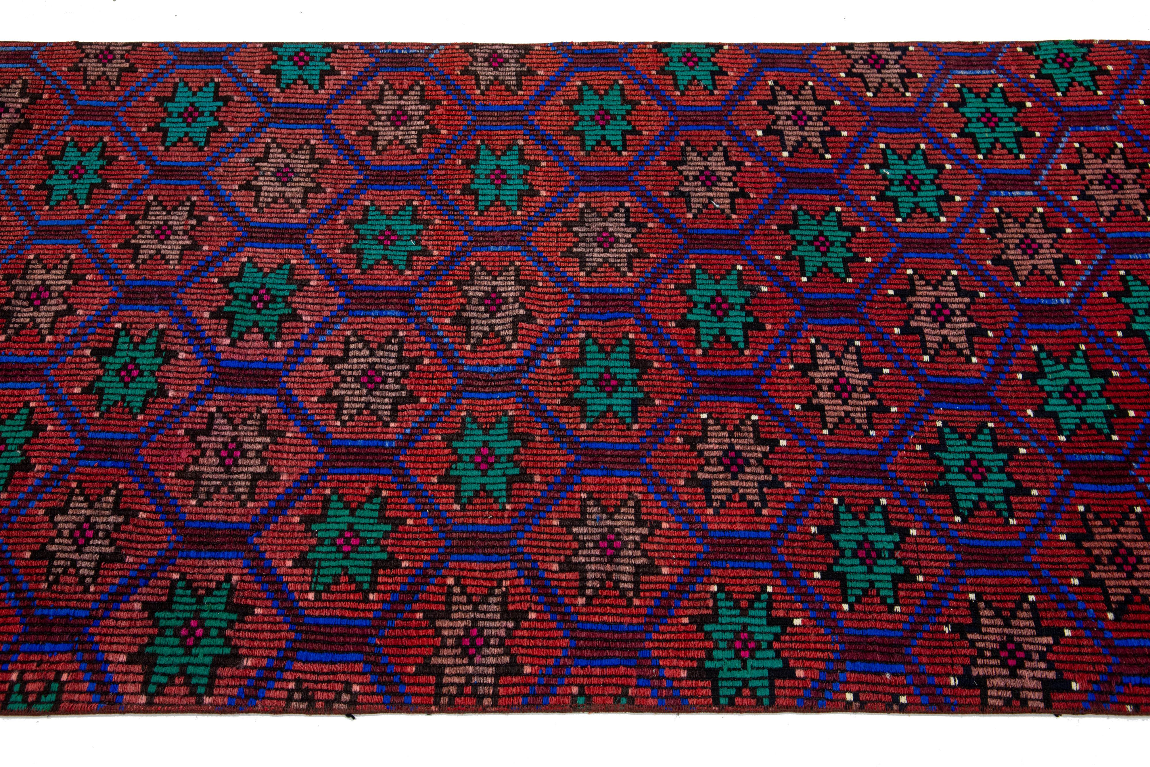 Vintage Turkish Kilim Wool Rug In Rust With Geometric Design For Sale 1