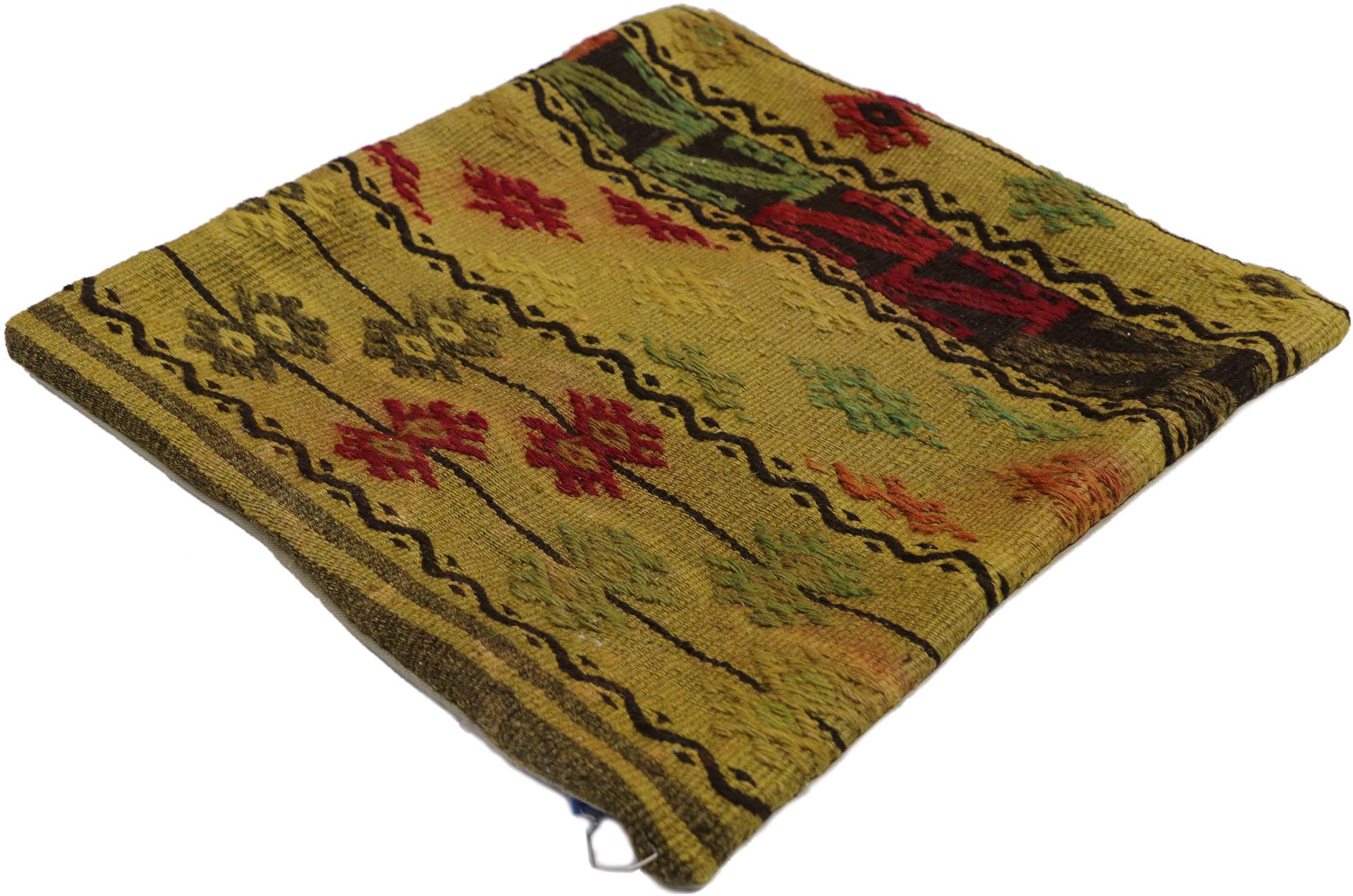 53635 Vintage Turkish Kilim Rug Pillow Cover, 01'05 x 01'06. This handwoven wool vintage Turkish kilim rug pillow cover represents a perfect fusion of traditional craftsmanship and bohemian chic aesthetics, bringing a textured, colorful accent to