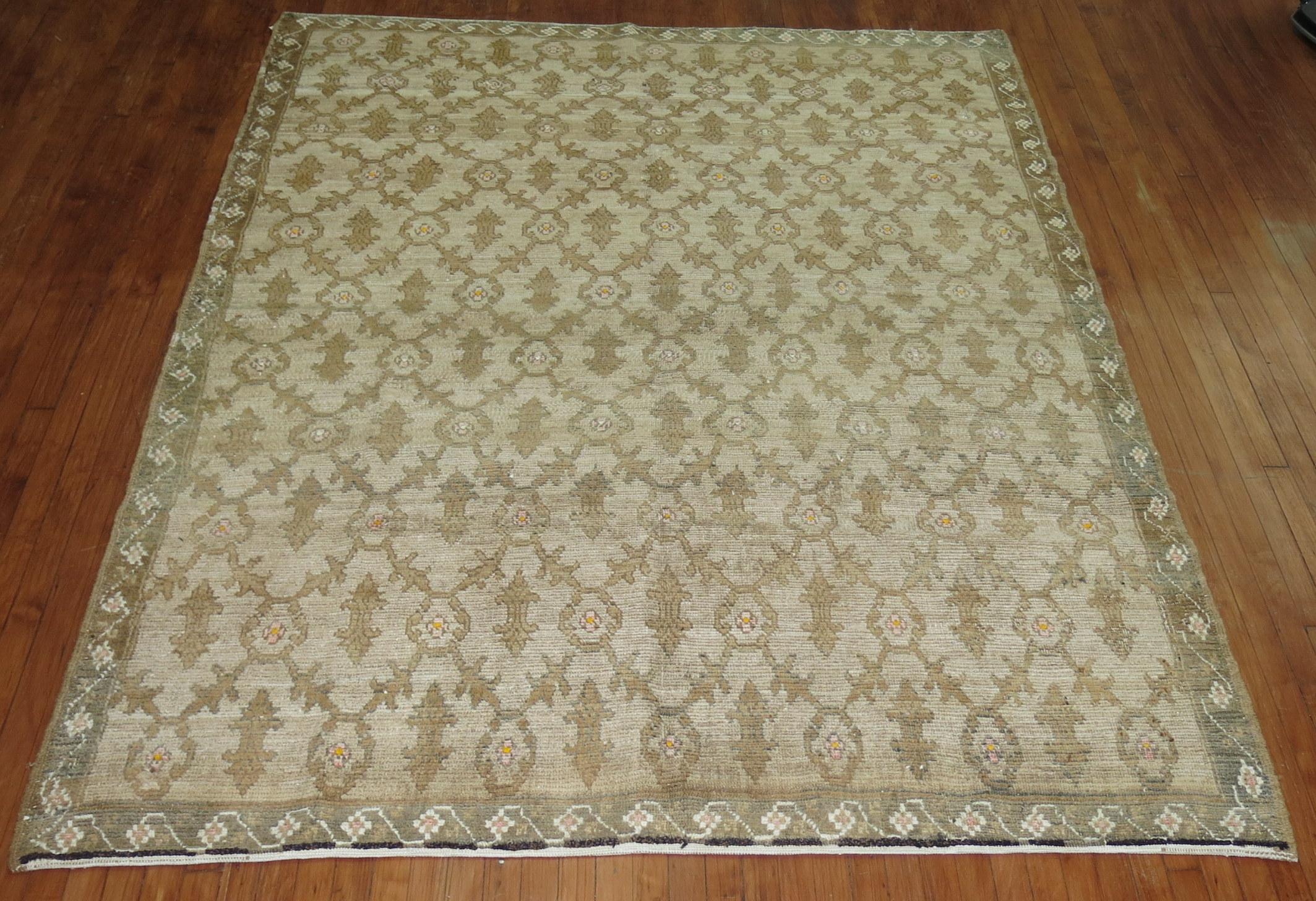 One of a kind decorative vintage Turkish Konya in browns and gray accents. All-over design throughout covered by a narrow border