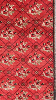 Vintage Turkish Konya Rug in Regal Red and Black Latticework Pattern