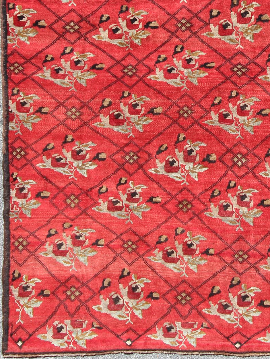 Oushak Vintage Turkish Konya Rug in Regal Red and Black Latticework Pattern For Sale