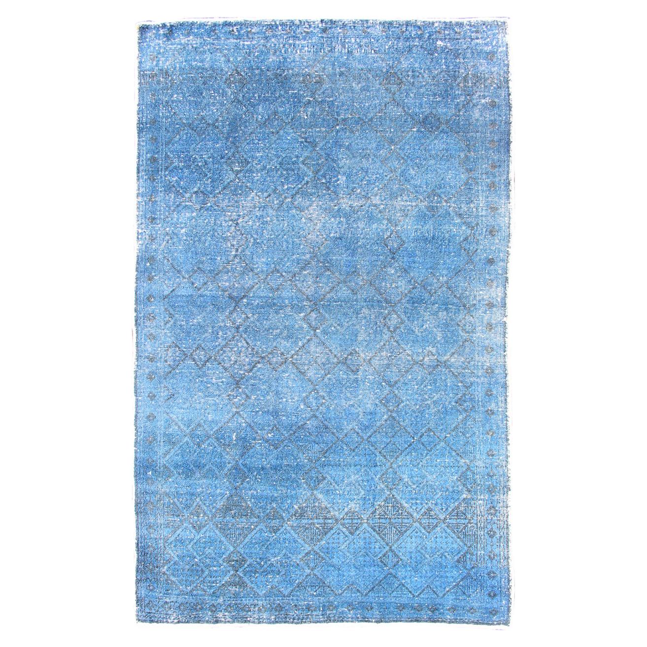 Vintage Turkish Konya Rug Over-Dyed in Blue Color with All-Over Diamond Design