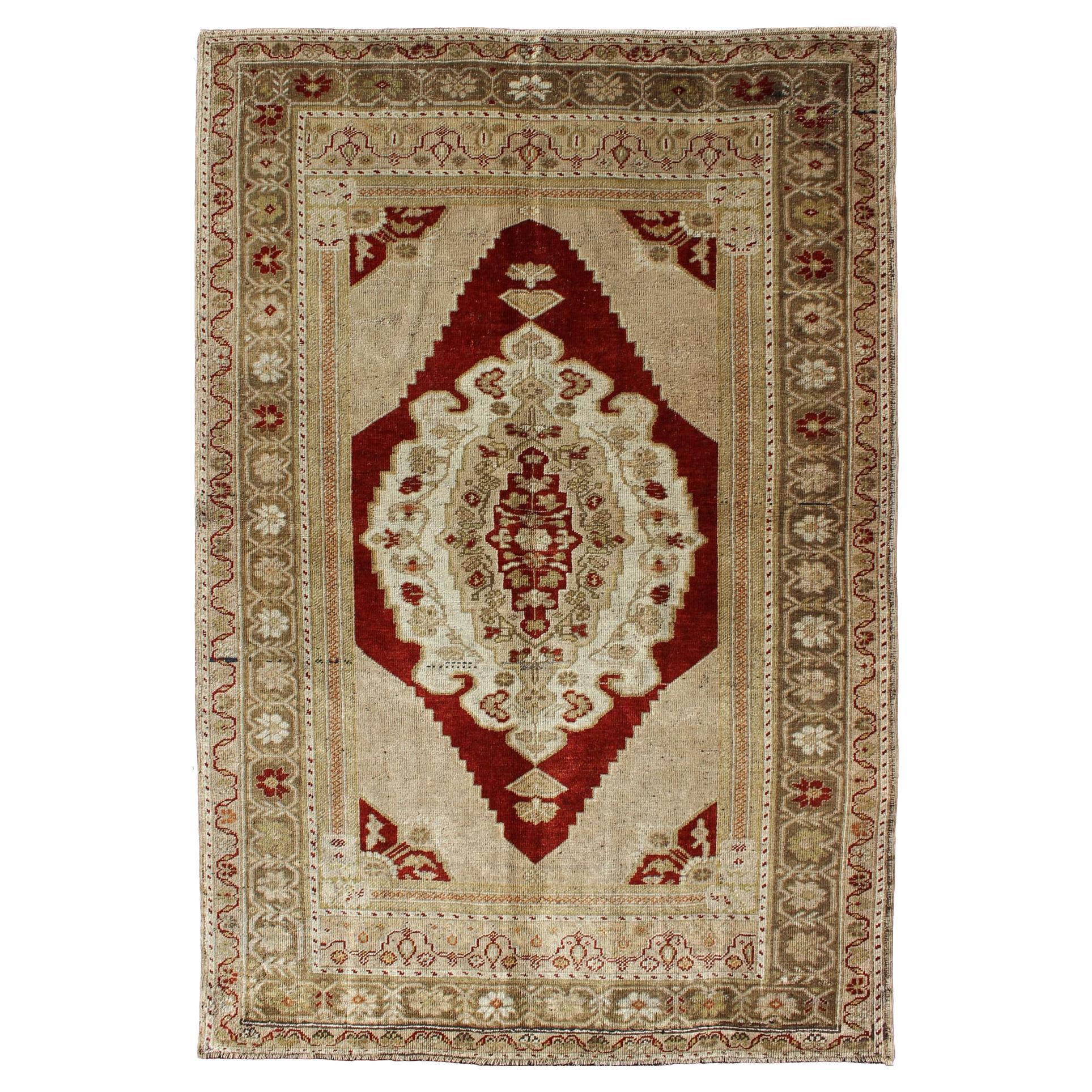 Vintage Turkish Layered Medallion Oushak Rug in Dark Red and Neutrals For Sale