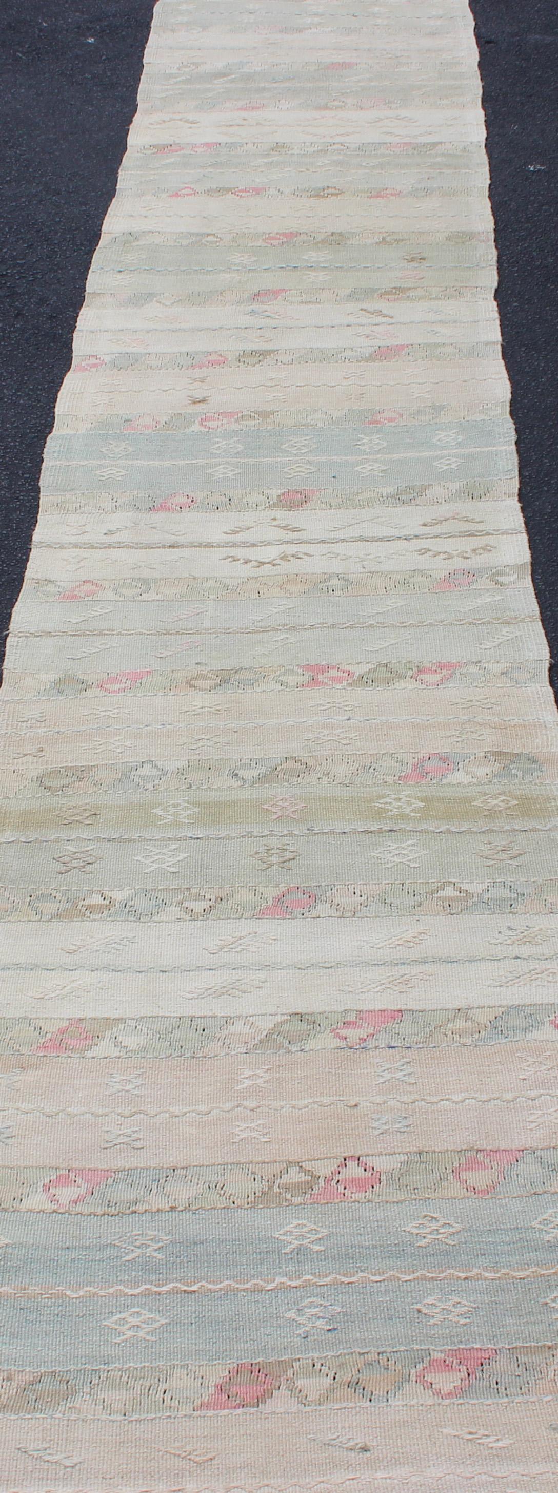 Hand-Woven Vintage Turkish Long Kilim Runner with a Stripe Design in Muted Colors