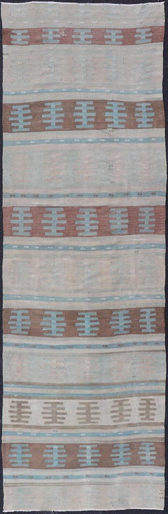 Vintage Turkish Long Kilim Runner with Stripe And Tribal Design in Muted Colors