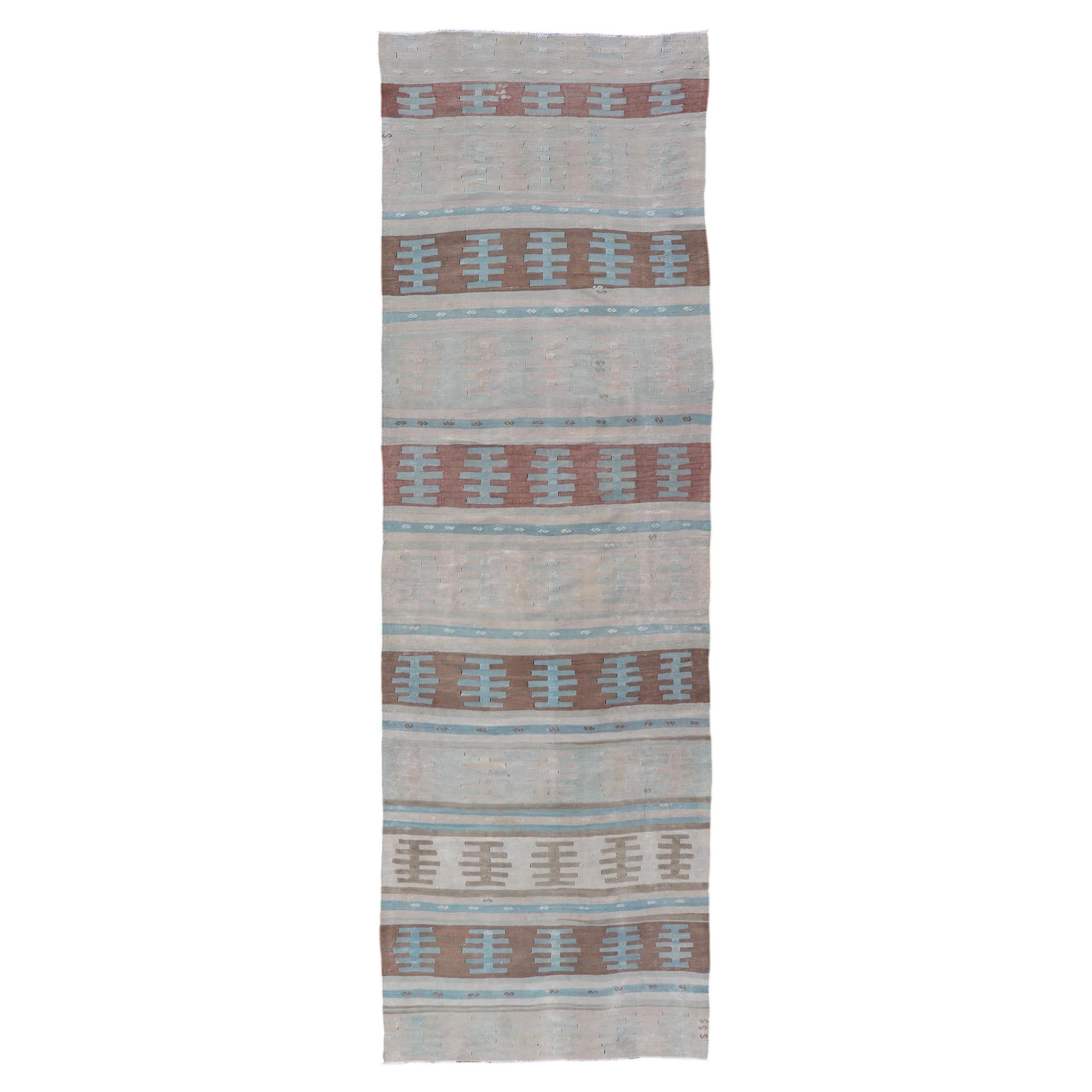 Vintage Turkish Long Kilim Runner with Stripe And Tribal Design in Muted Colors