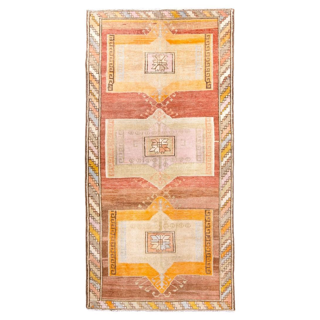 Vintage Turkish Long Rug with Coral and Tangerine Colors