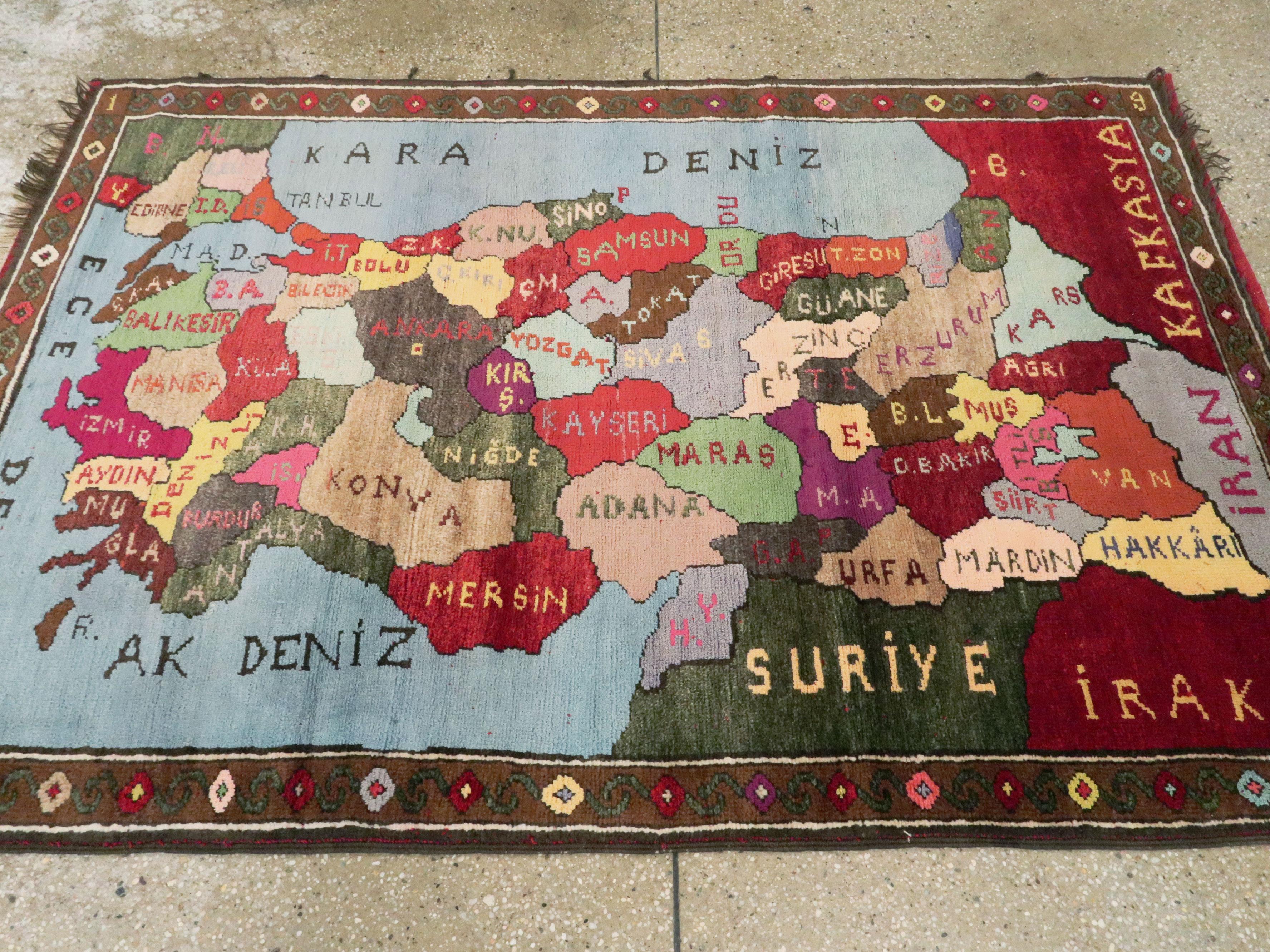 Hand-Knotted Vintage Turkish Map Rug For Sale